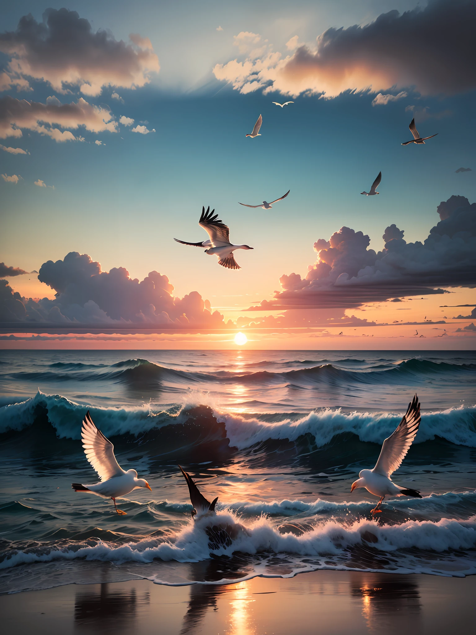 the sea，Seagulls in the sky，dusk，Evening clouds，The golden sun rises in the distance， the waves，seagulls --auto