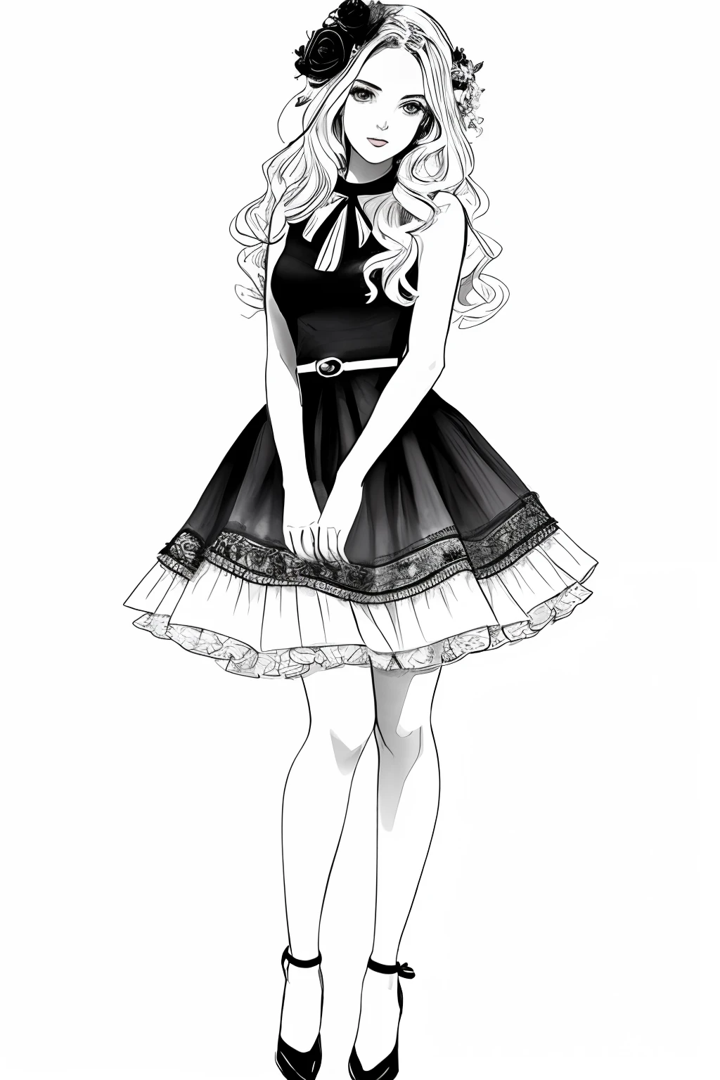 um desenho de uma mulher em um vestido e coroa de flores, detailed fashion illustration, fashion illustration, luxury fashion illustration, sketch black and white colors, menina em um vestido, Estilo de desenho bonito, Pose de moda, Pose de moda glamourosa, usando um tutu, Aquarela preta e branca, corpo inteiro ou retrato, estilo de desenho, illustration black outlining, full body illustration, sketch style
