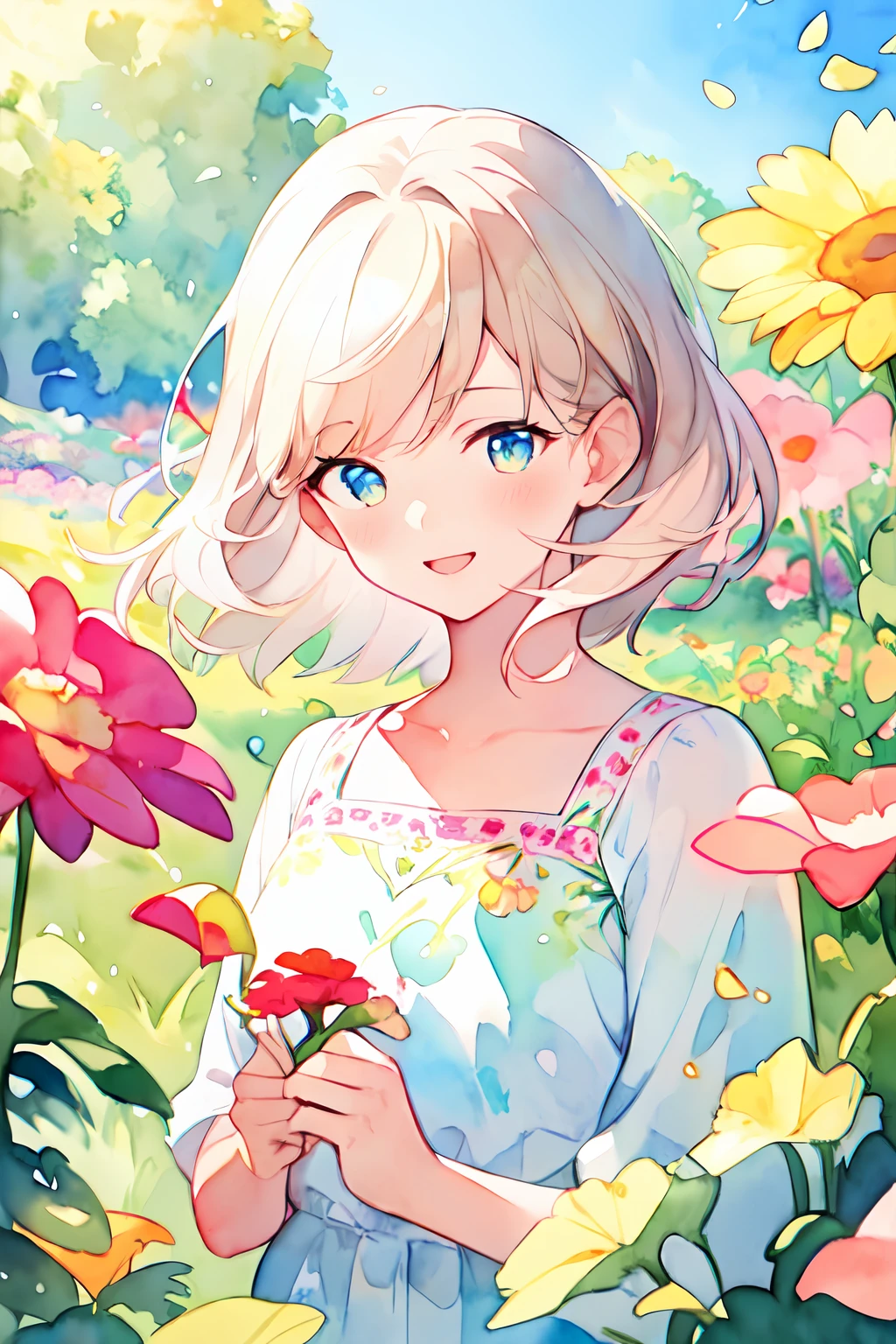 (watercolor:1.2), watercolor, 1 girl, holding flowers, colorful petal floating in the sky, meadow, happy, watercolor, perfect quality, clear focus (clutter-home: 0.8), (masterpiece: 1.2) (Realistic: 1.2) (Bokeh) (Best quality) (Detailed skin: 1.3) (Intricate details) (8K) (Detail Eyes) (Sharp Focus), (Happy)