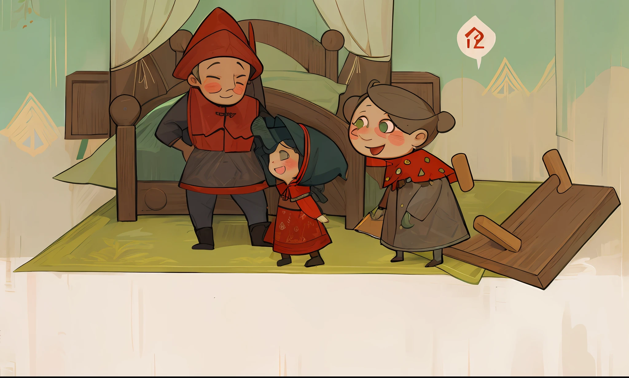 A cartoon of a grandmother and hunter and little girl in bedroom with bed, storybook illustration, children illustration, red riding hood, childrens illustration, children's book illustrations, Children's book illustration, children's book illustrations, The hunter wears a hat on his head，Carrying a shotgun on his back，Complete hands。Lovely style