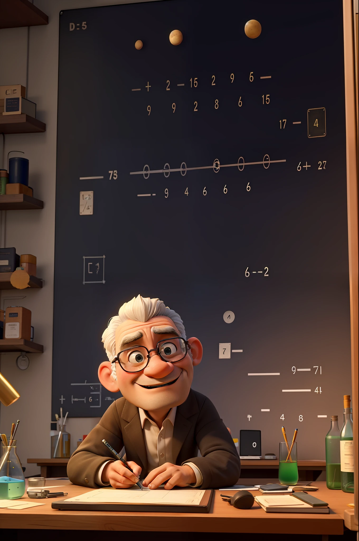 Obra maestra, de la mejor calidad, physicist Galilei in a laboratory writing mathematical formulas on a board