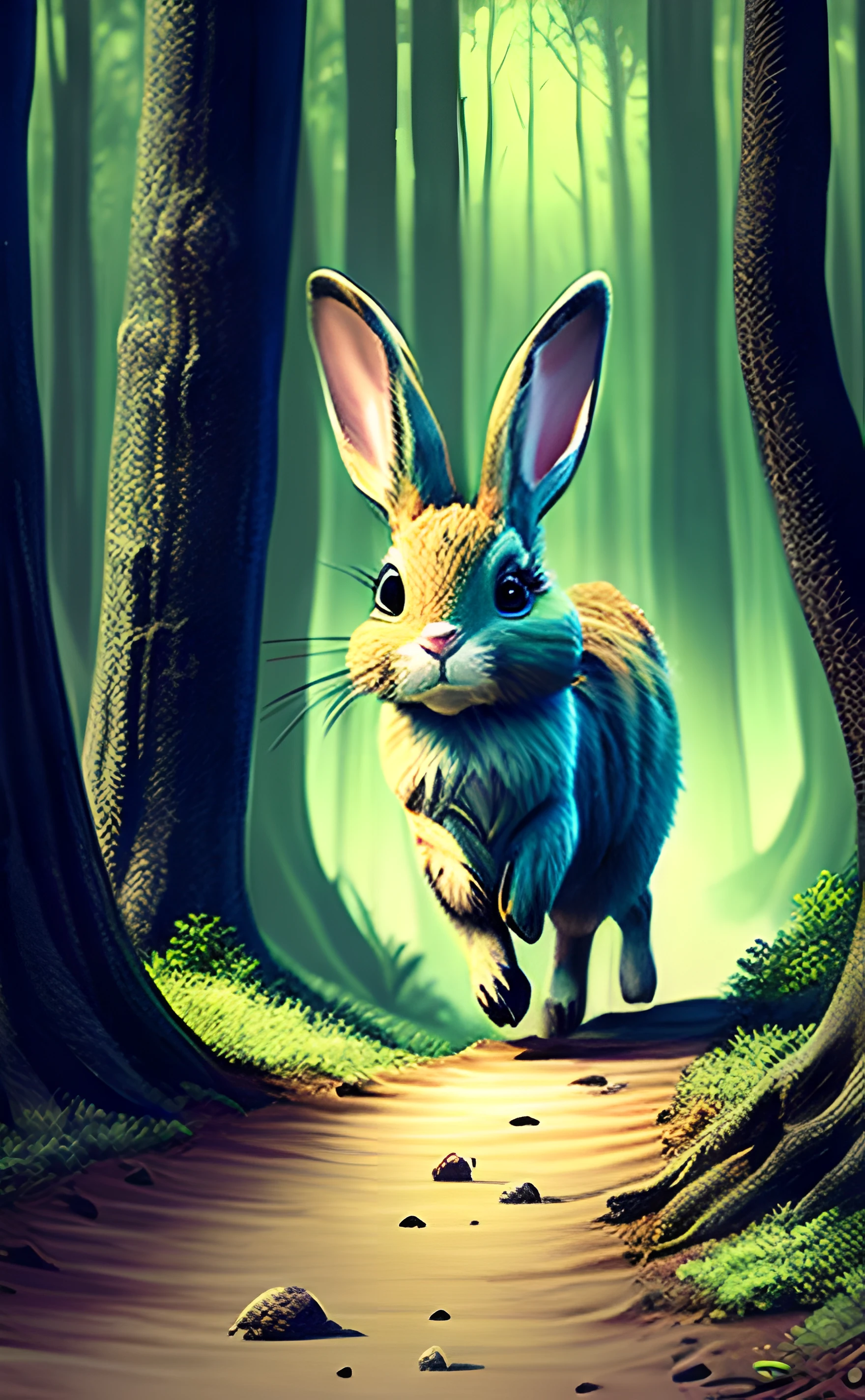 wood々Drawing of a rabbit running in a forest with, rabbit warrior, a forest with bunnies, Anthropomorphic rabbit, Rabbit, prowling through the forest, rabbt_character, electrixbunny, cute forest creature, forest spirit, portrait of forest gog, stylized digital illustration, digital 2d fantasy art, Digital painting highly detailed