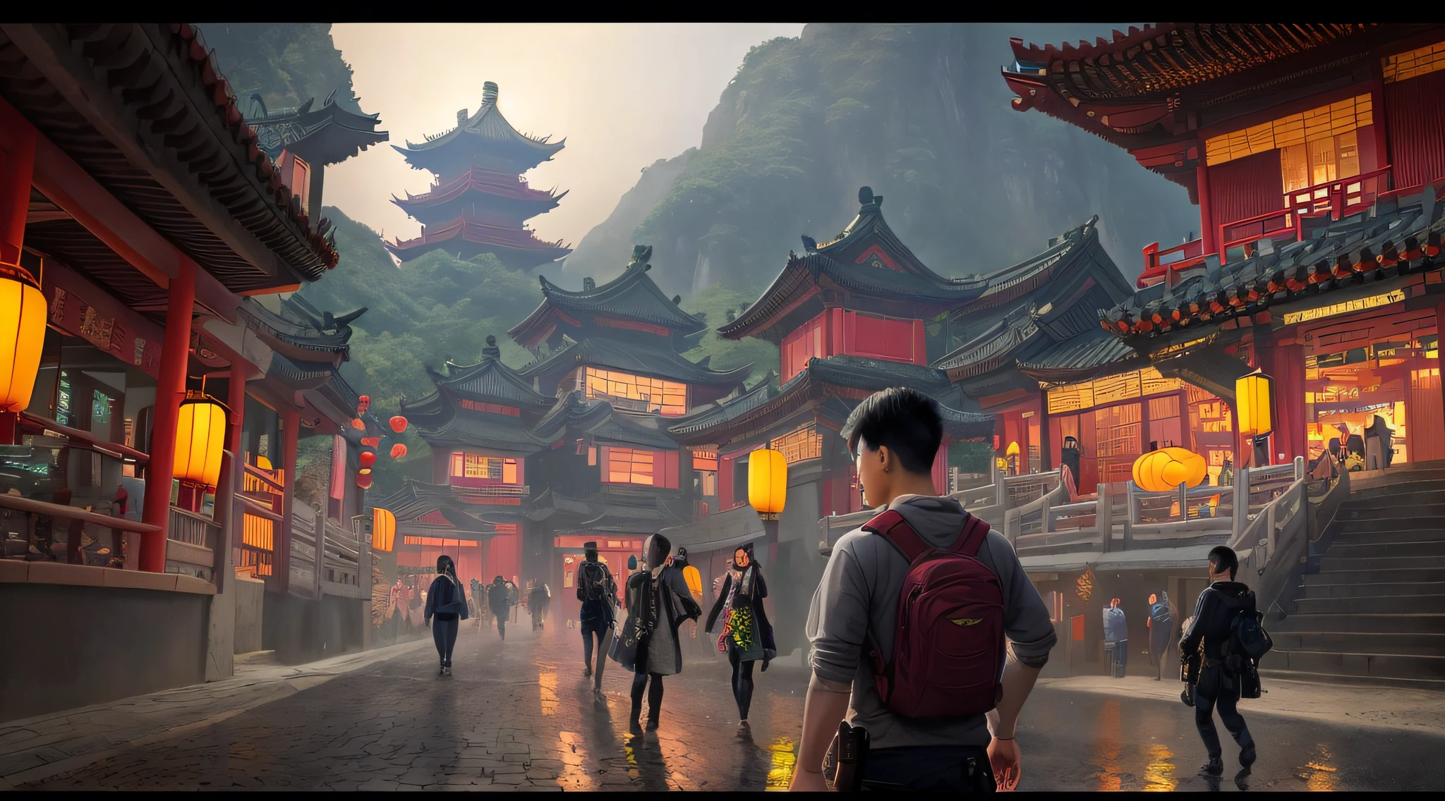 Draw a Chinese village,There are lanterns and people on board, by Yang J, andreas rocha style, cyberpunk chinese ancient castle, author:Wang Lei, ross tran. scenery background, dreamy Chinese towns, rossdraws global illumination, inspired by Andreas Rocha, trending on cgstation, By Li Song, traditional japanese concept art, beautiful anime scenes, Fantasy art style