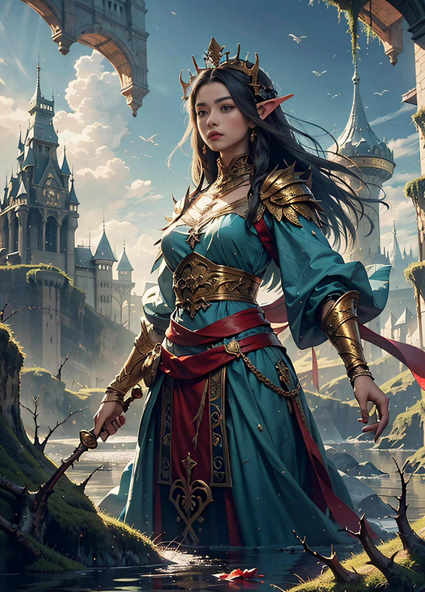 High resolution, super detailed, official art, unified 8k wallpaper, super detailed, beautiful and aesthetic, elven kingdom, castle built on a cliff, world tree, vines, thorns, dark, forest, lake, sky, clouds, magic, fantasy incredible, supersaturated, surreal, high resolution, artgerm, masterpiece, super detailed, epic composition, high quality, highest quality, 16k