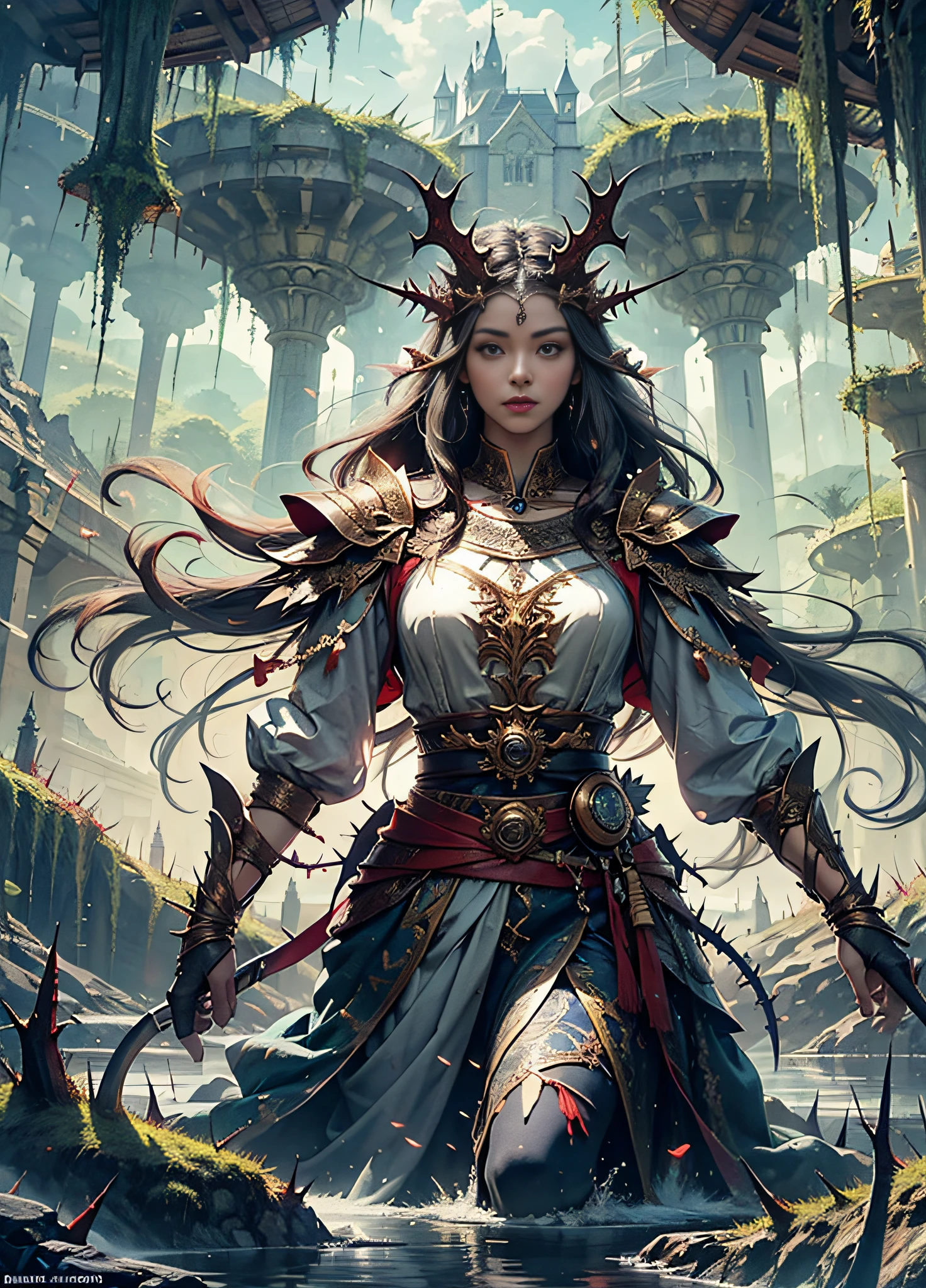 High resolution, super detailed, official art, unified 8k wallpaper, super detailed, beautiful and aesthetic, elven kingdom, castle built on a cliff, world tree, vines, thorns, dark, forest, lake, sky, clouds, magic, fantasy incredible, supersaturated, surreal, high resolution, artgerm, masterpiece, super detailed, epic composition, high quality, highest quality, 16k
