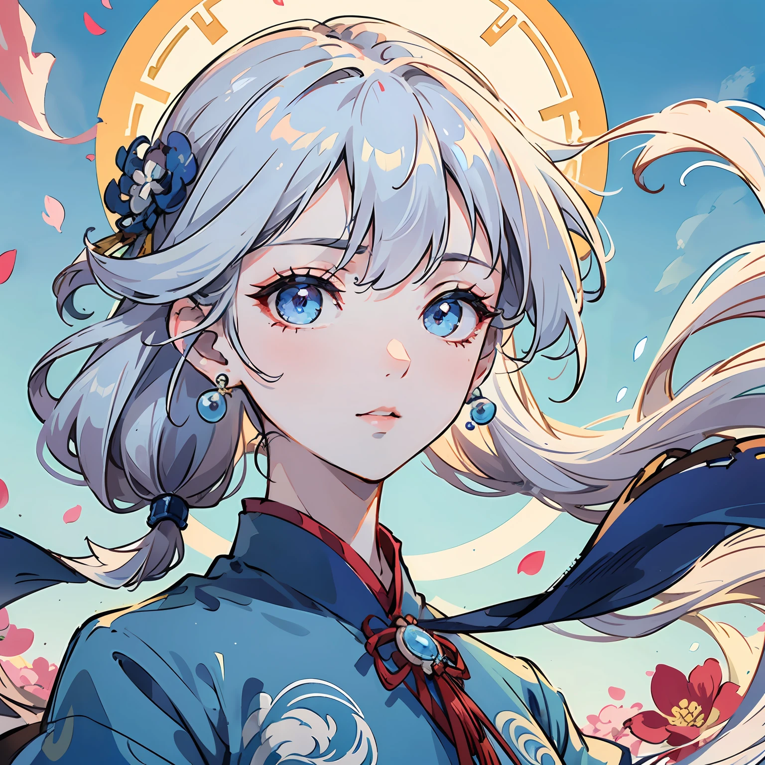 Mature girl, blue eyes, blue-white hair color, floating hair, delicate and flexible eyes, intricate damask Hanfu, gorgeous accessories, wearing pearl earrings, FOV, f/1.8, masterpiece, ancient Chinese architecture, blue sky, flower petals flying, front portrait shot, Chang'e, side lighting, sunlight on people, 8K --auto