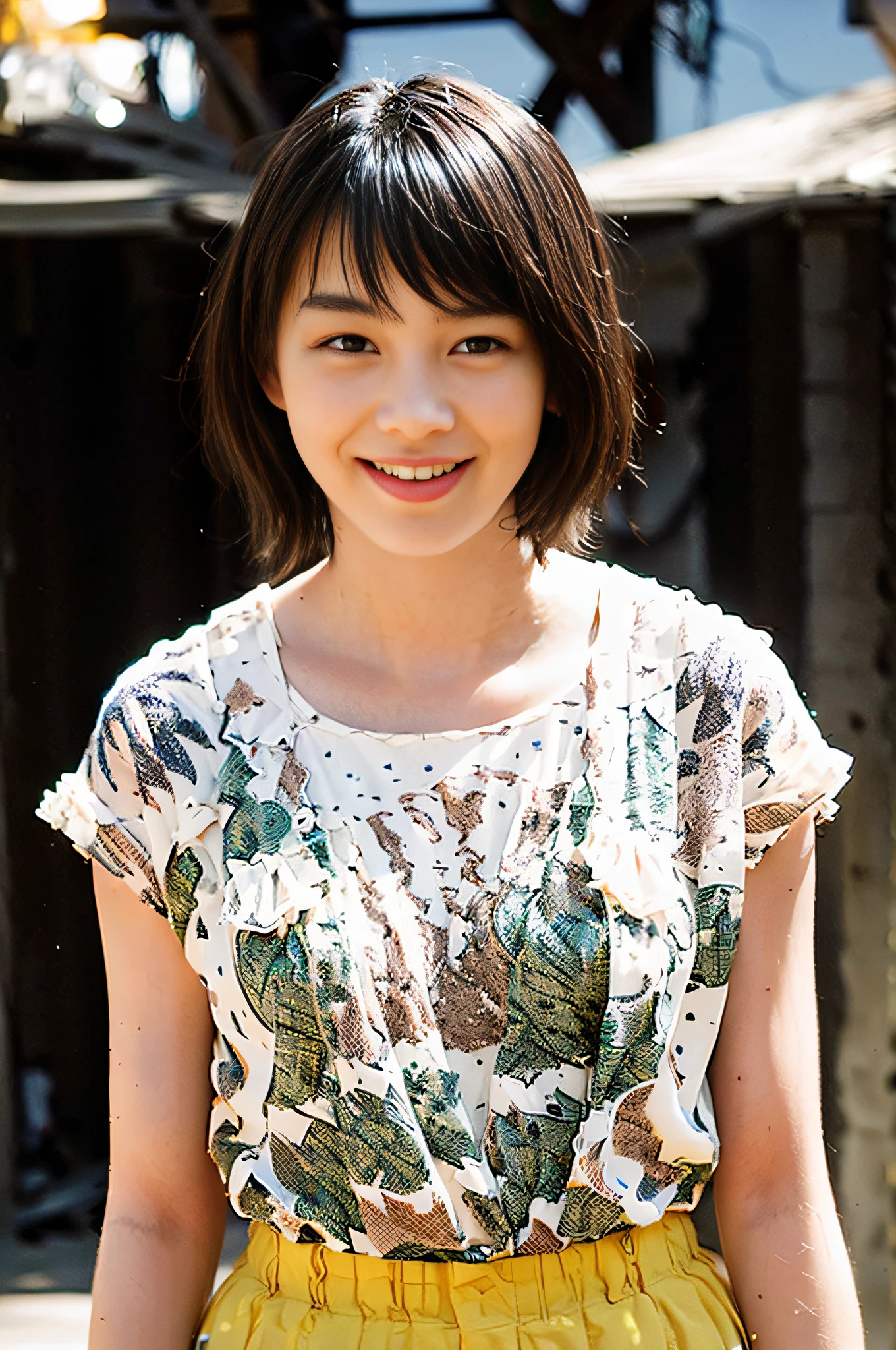 Masterpiece, top quality, official art, highly detailed CG Unity 8K wallpaper, like a schoolgirl, very delicate and beautiful, ultra high resolution, (photorealistic: 1.4), golden hour lighting, (upper body), (platinum shorthair: 0.8), (puffy eyes), looking at the viewer, facing the front, smiling, JK skirt, white dress, Shirt Lift Long Black Hair