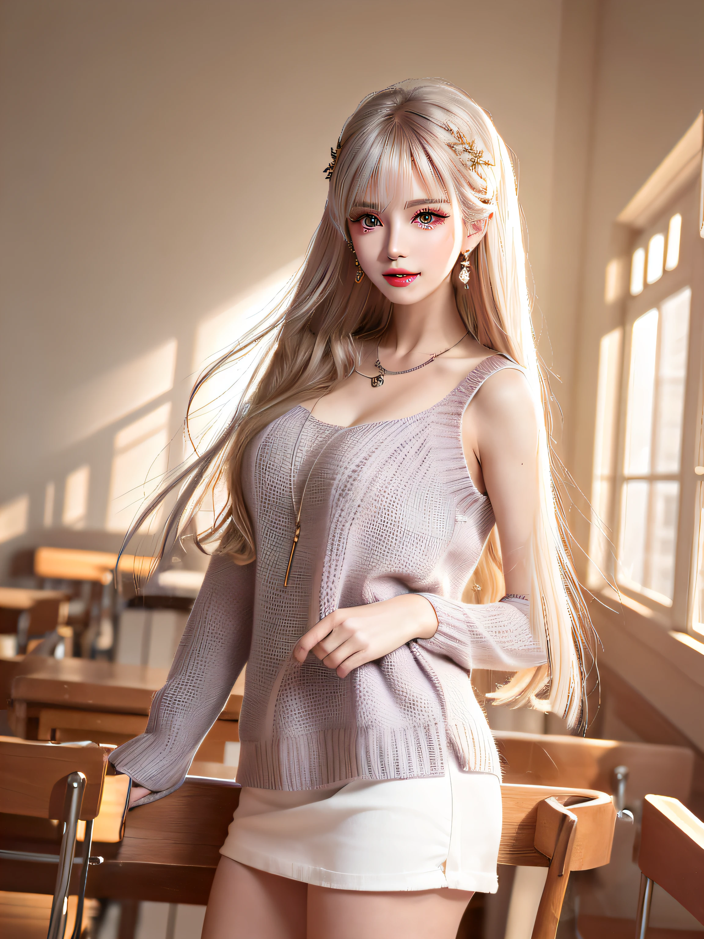 Hand-knitted sweater、（halterneck、miniskirts、White panty）　（（（Sleeveless、Notch visible from the side to the bust top）））、（miniskirts）、