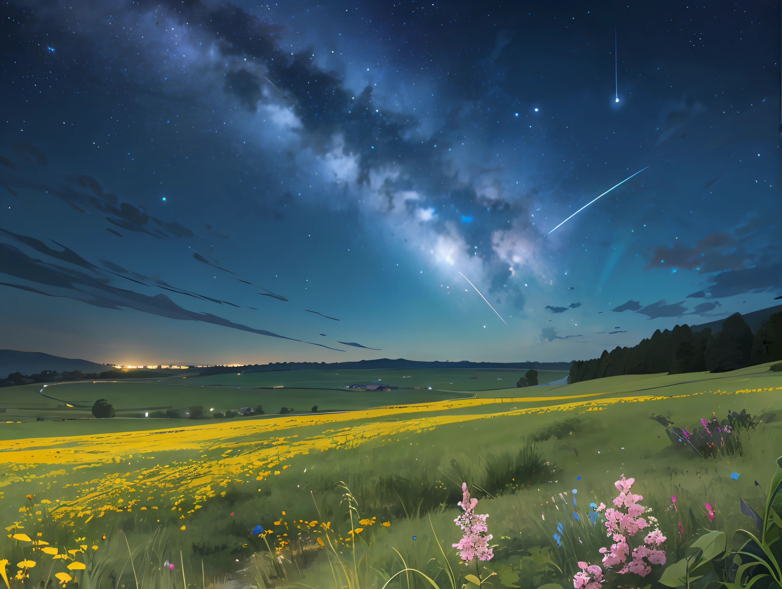 Led by the North Star in the night sky, the surrounding lights are colorful and spread above the vast grassland. In the grassland under the starry sky, it is overgrown with verdant grass. --auto --s2