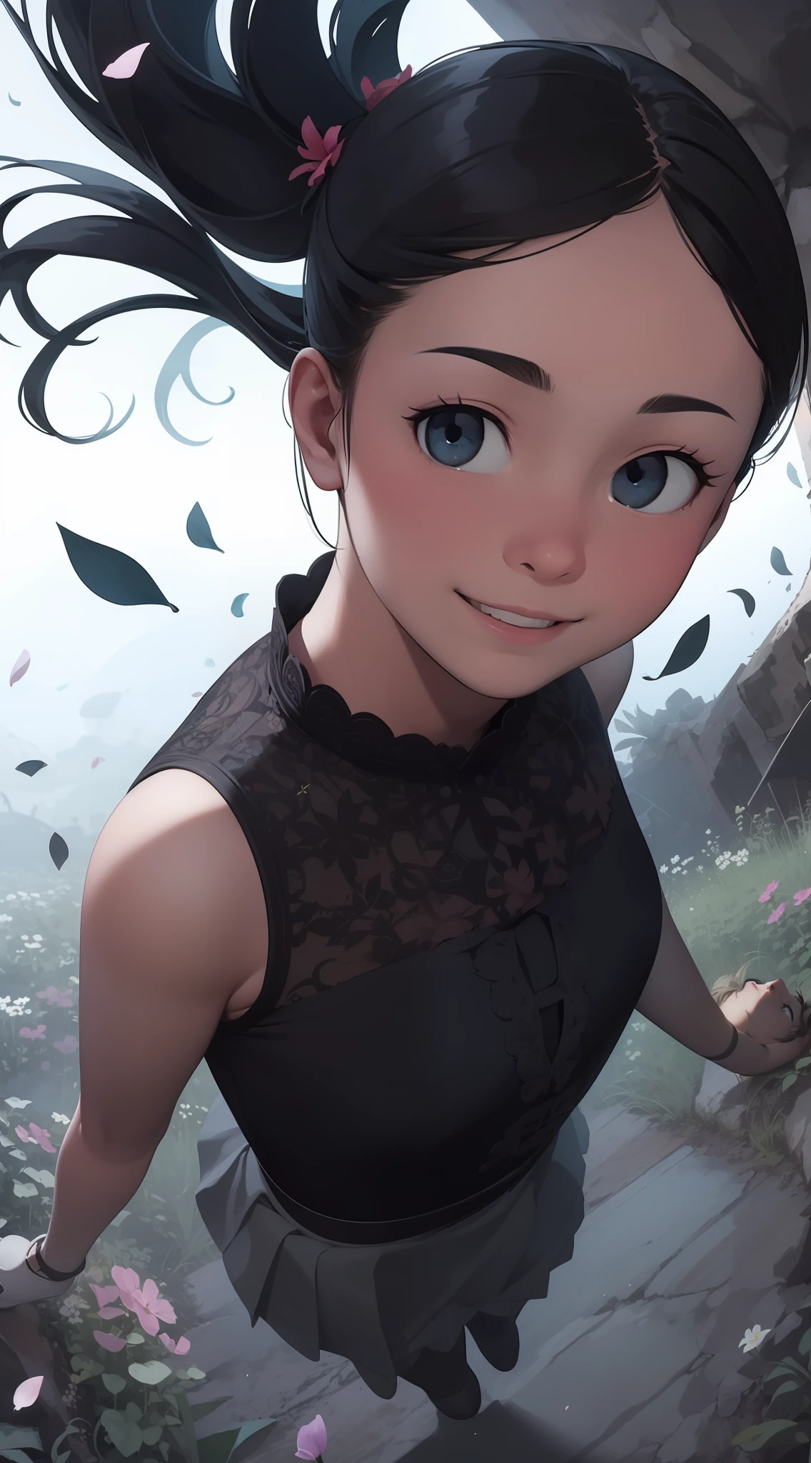 [(white background:1.5),::5] (isometric:1.0), double exposure, bubble,
mid shot, full body,
//
masterpiece, best quality, 1girl, (colorful),(finely detailed beautiful eyes and detailed face),cinematic lighting,bust shot,extremely detailed CG unity 8k wallpaper,black hair,long hair,black eyes,solo,smile,intricate skirt,((flying petal)),(Flowery meadow) sky, cloudy_sky, building, moonlight, moon, night, (dark theme:1.3), light, fantasy,looking at viewer,