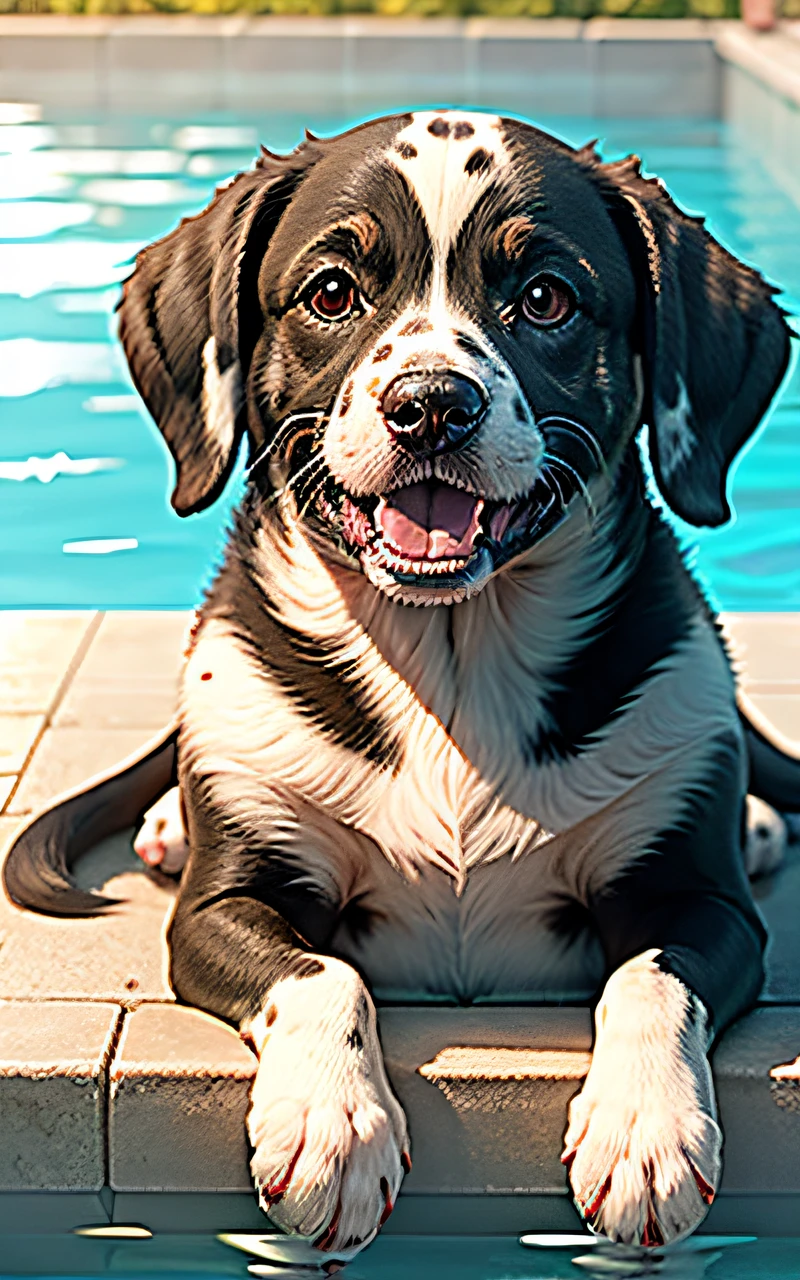 hyper Quality,Cute two Dalmatian puppies,different body colors,swimming in the pool,laugh,black eyes,barking,narrow eyes,smile,eos r3 28mm --auto