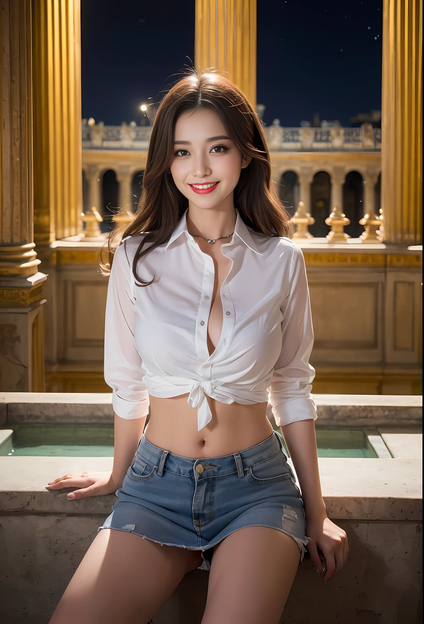 best quality, miniskirt, smile, red eyes, colorful top, , (8k, best quality, masterpiece:1.2), (realistic, photo-realistic:1.37), ultra-detailed, full body, small waist, (1girl,((make love:1.2)),cute,beautiful detailed sky,(Chateau de Versailles, Pisa Baptistery Of St. John background, Flowers,navel,crowd),night,sitting,dating,(nose blush),(smile:1.15),(grin) large breasts,(fantasy breasts), cleavage, beautiful detailed eyes,(collared shirt:1.1), night,floating hair NovaFrogStyle, cyber, future,(full body shot),
