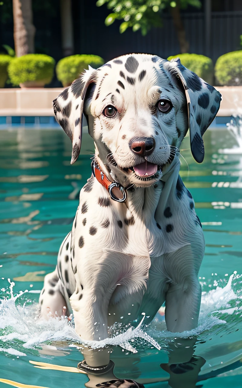 hyper Quality,Cute two Dalmatian puppies,different body colors,swimming in the pool,laugh,black eyes,barking,narrow eyes,smile,eos r3 28mm --auto