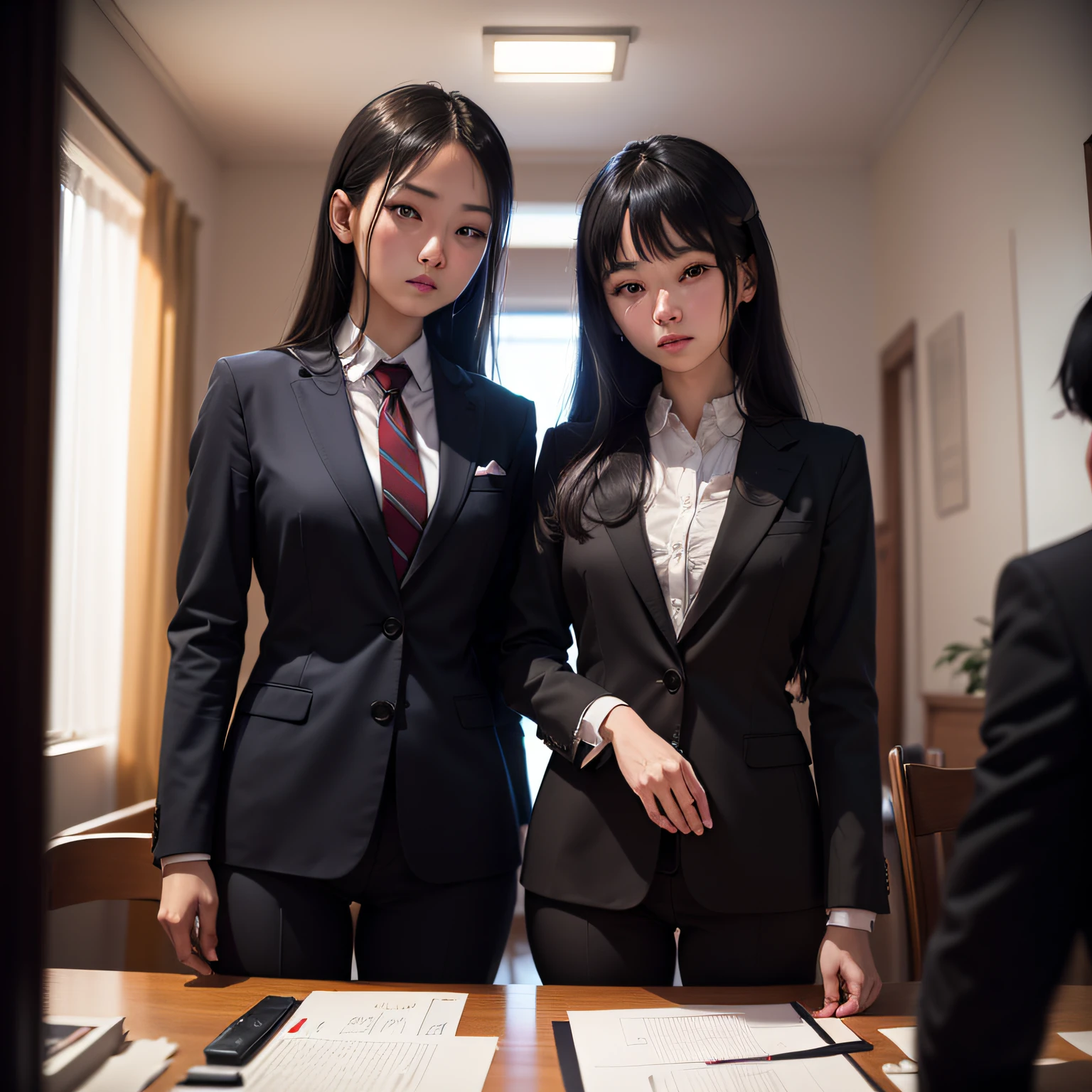 (Raw photography:1.2)、(photorealestic:1.4)、(masterece-piece:1.3)、(beste Quality:1.4)、ultra-highres、in 8K resolution、(Glossy skin)、(Super detailed illustration)、Semi-long hair、black haired、女の子1人、suits、Judicial Scrivener、senility、consultation --auto