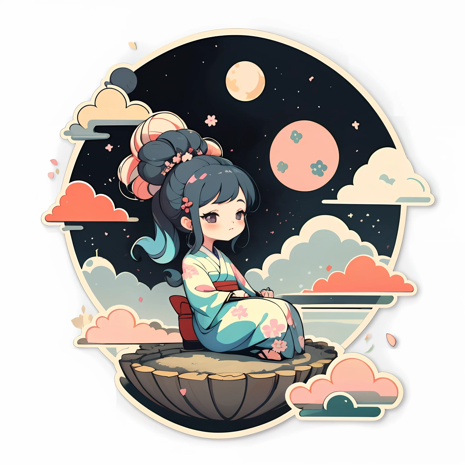1 sticker, sticker, nikkaze, (cute girl), (gorgeous kimono), (gorgeous hair accessory), (Japanese traditional hairstyle), cherry blossoms, clouds, behind is a huge round moon, stars, white background, no background, simple background, minimal, cute, tiny, pastel color, vector style, no gradient