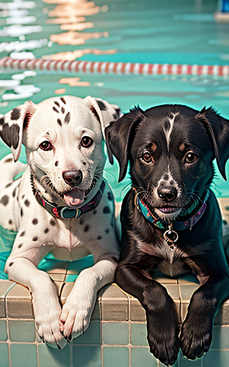 hyper Quality,Cute two Dalmatian puppies,different body colors,swimming in the pool,laugh,black eyes,barking,narrow eyes,smile,eos r3 28mm --auto