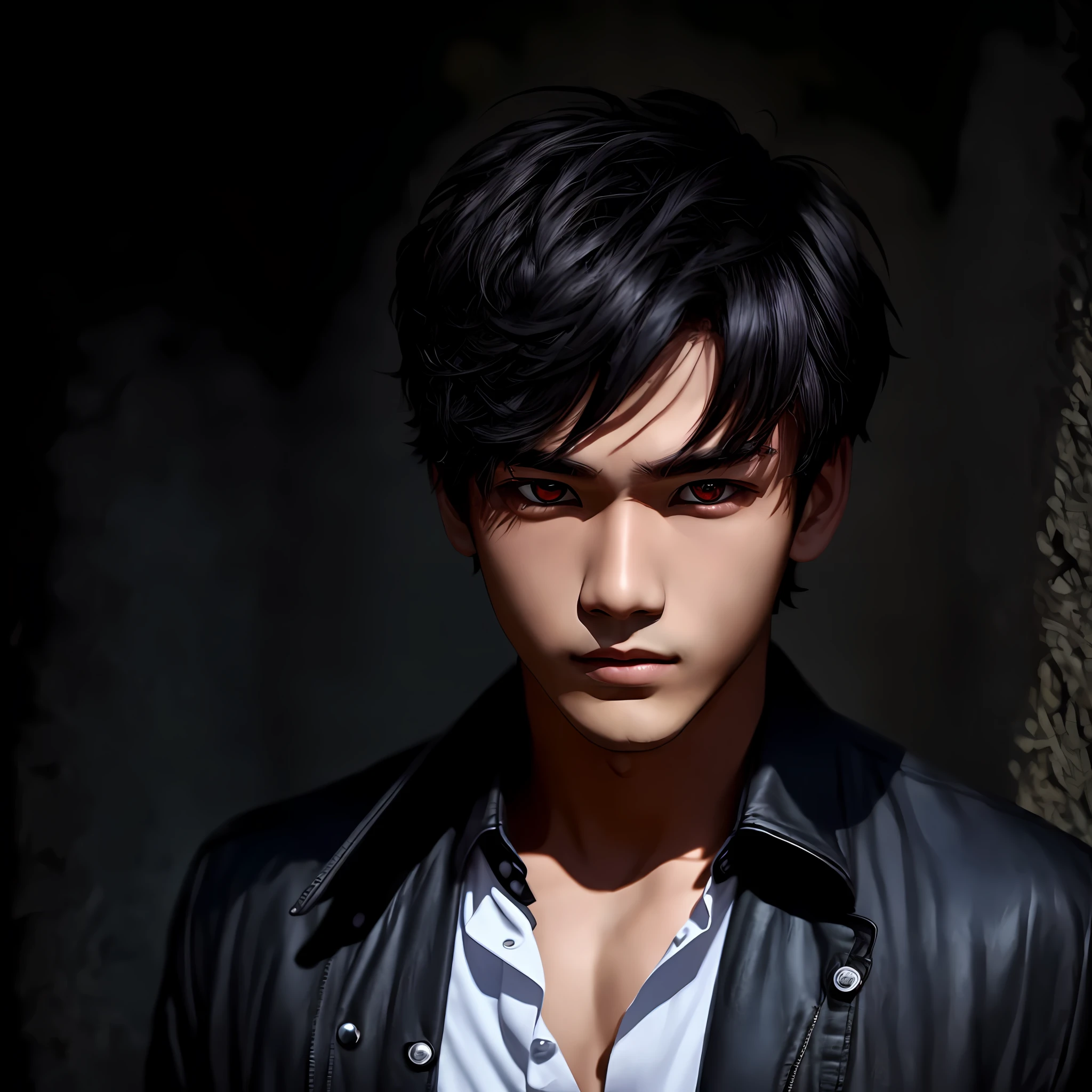 1 boy, handsome boy, black hair, comma hair, forehead comma hair, street style,, shiny, Red eyes, looking at viewer, upper body, megazine cover --auto