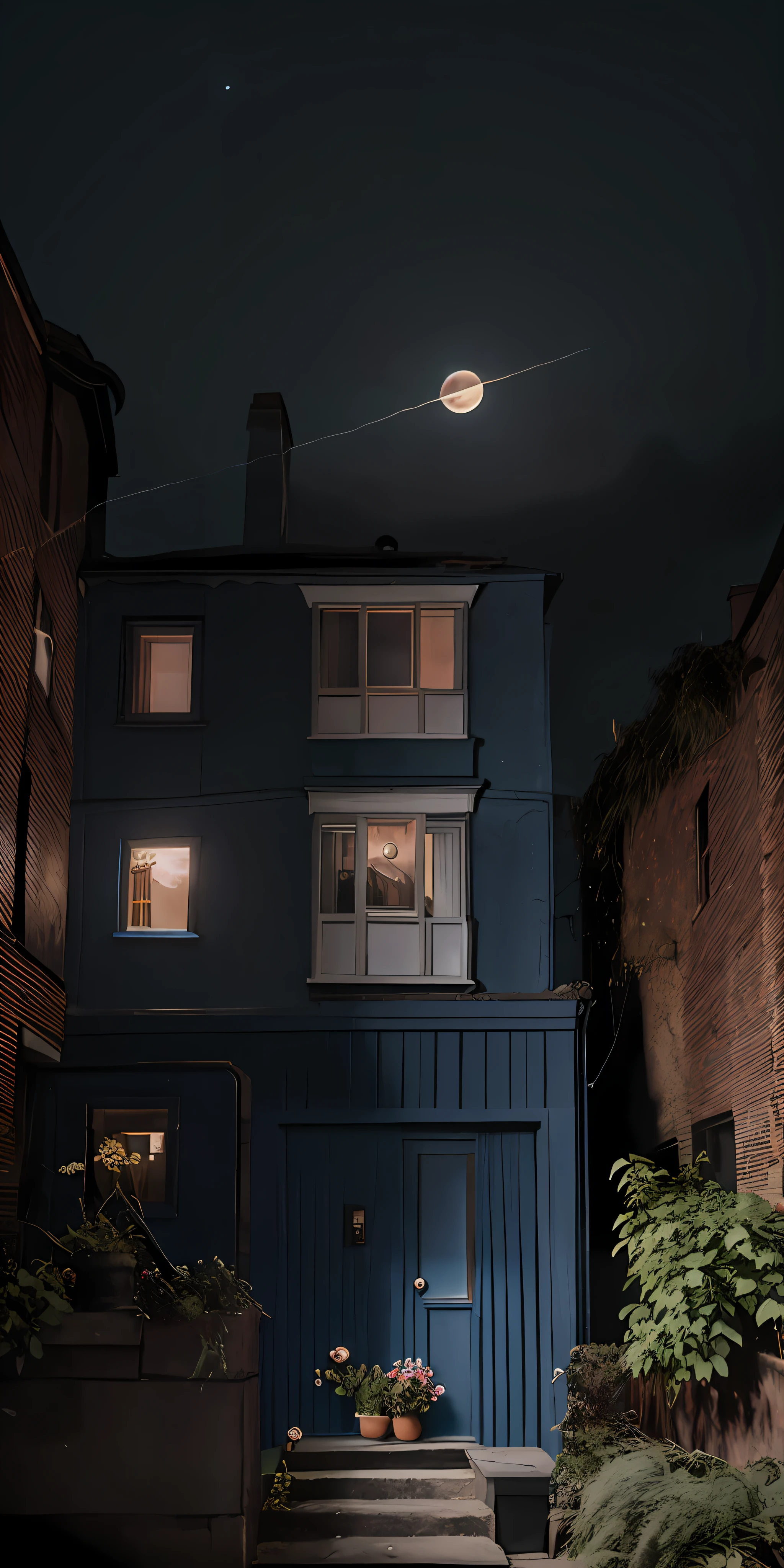 between two 19th-century Brooklyn brownstone buildings, a surreal small twilight creek-garden, rose-brambles, candle-birds, tiny mystery-magic, serene overcast atmosphere, midnight-blue, blue-black, royal-blue, navy-blue, cel-shading, cinematic, edge-to-edge print, rendered by Studio Ghibli, Alyssa Monks, Andreas Rocha, David Kassan, Neil Blevins, Tuomas Korpi, ArtGerm