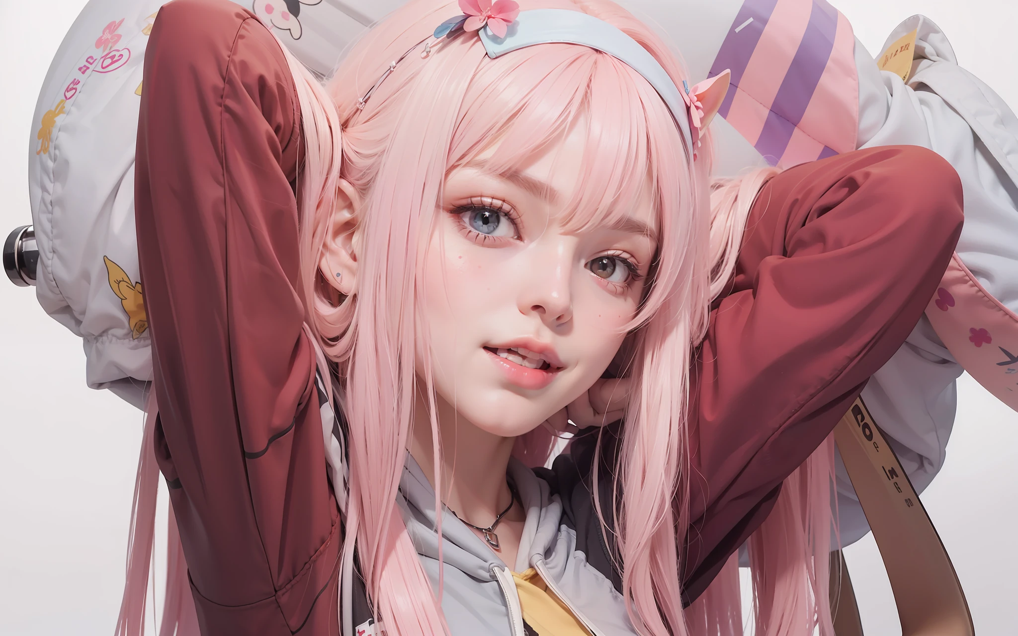 best quality, ultra detailed, extremely detailed, realistic, (masterpiece:1.1), high quality, (highres), female, idol, 22 years old,  smile, embarrassed, blush, slender, pale skin, light pink hair, wavy hair, medium hair, (hoodie,  \(see-through\) skirt), nsfw, small breasts, panties, pantyhose, kneehighs, chewing lolipop