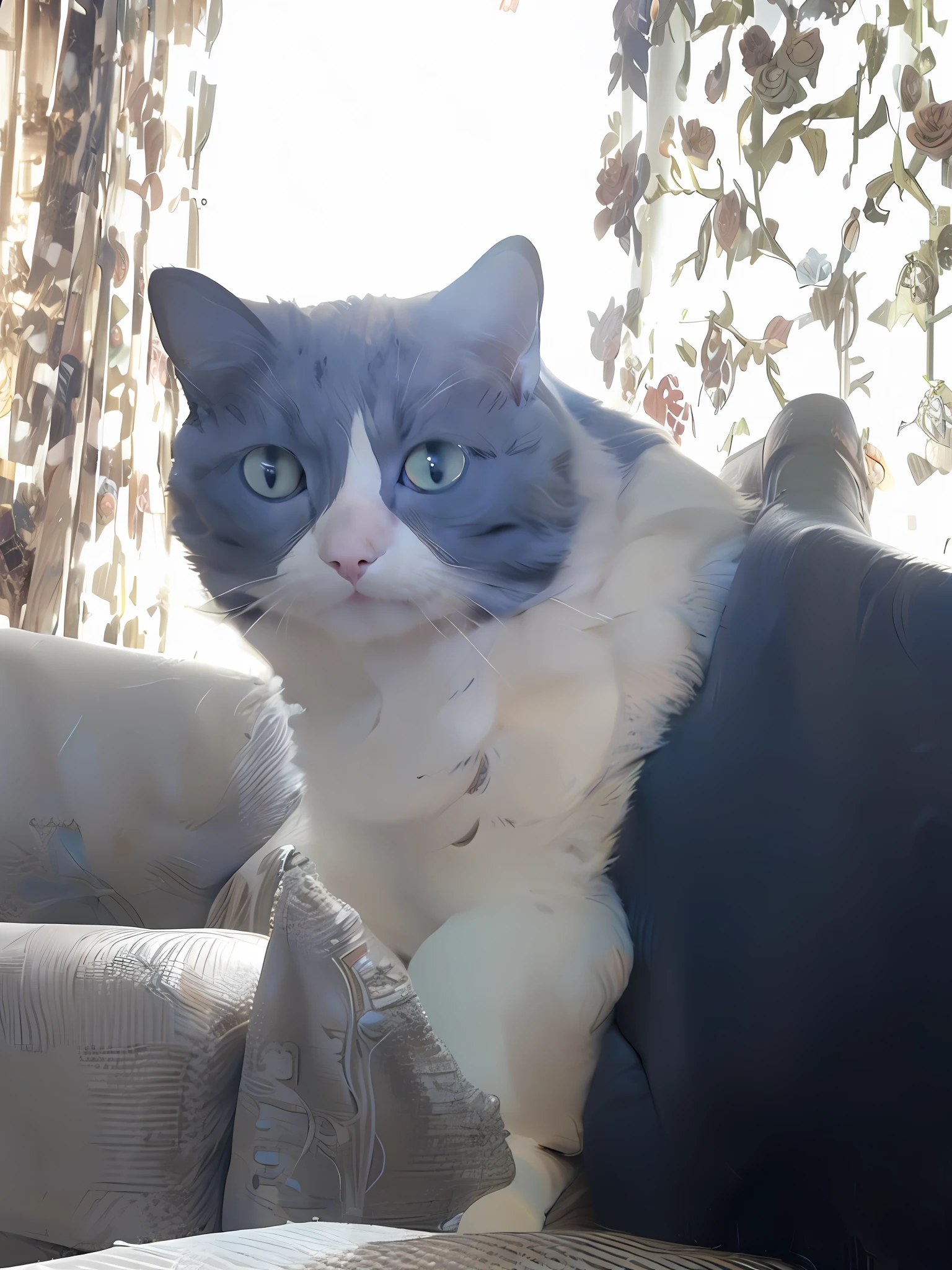 there is a black and white cat sitting on a couch, glaring at the camera, looking directly at the camera, She is facing the camera, is looking at the camera, looking away from the camera, looking directly at the camera, looking away from camera, staring at camera, sitting on a sofa, sitting on a sofa, looks at the camera