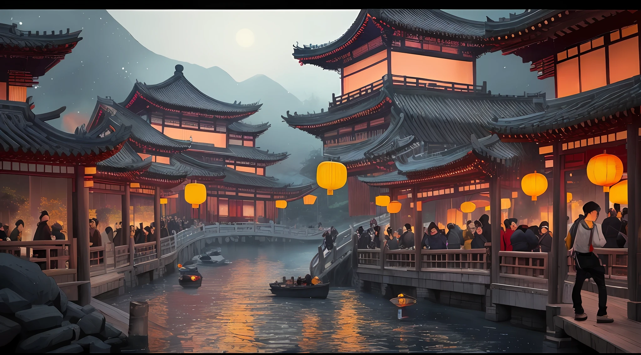Draw a Chinese village,There are lanterns and people on board, by Yang J, andreas rocha style, cyberpunk chinese ancient castle, author:Wang Lei, ross tran. scenery background, dreamy Chinese towns, rossdraws global illumination, inspired by Andreas Rocha, trending on cgstation, By Li Song, traditional japanese concept art, beautiful anime scenes, Fantasy art style