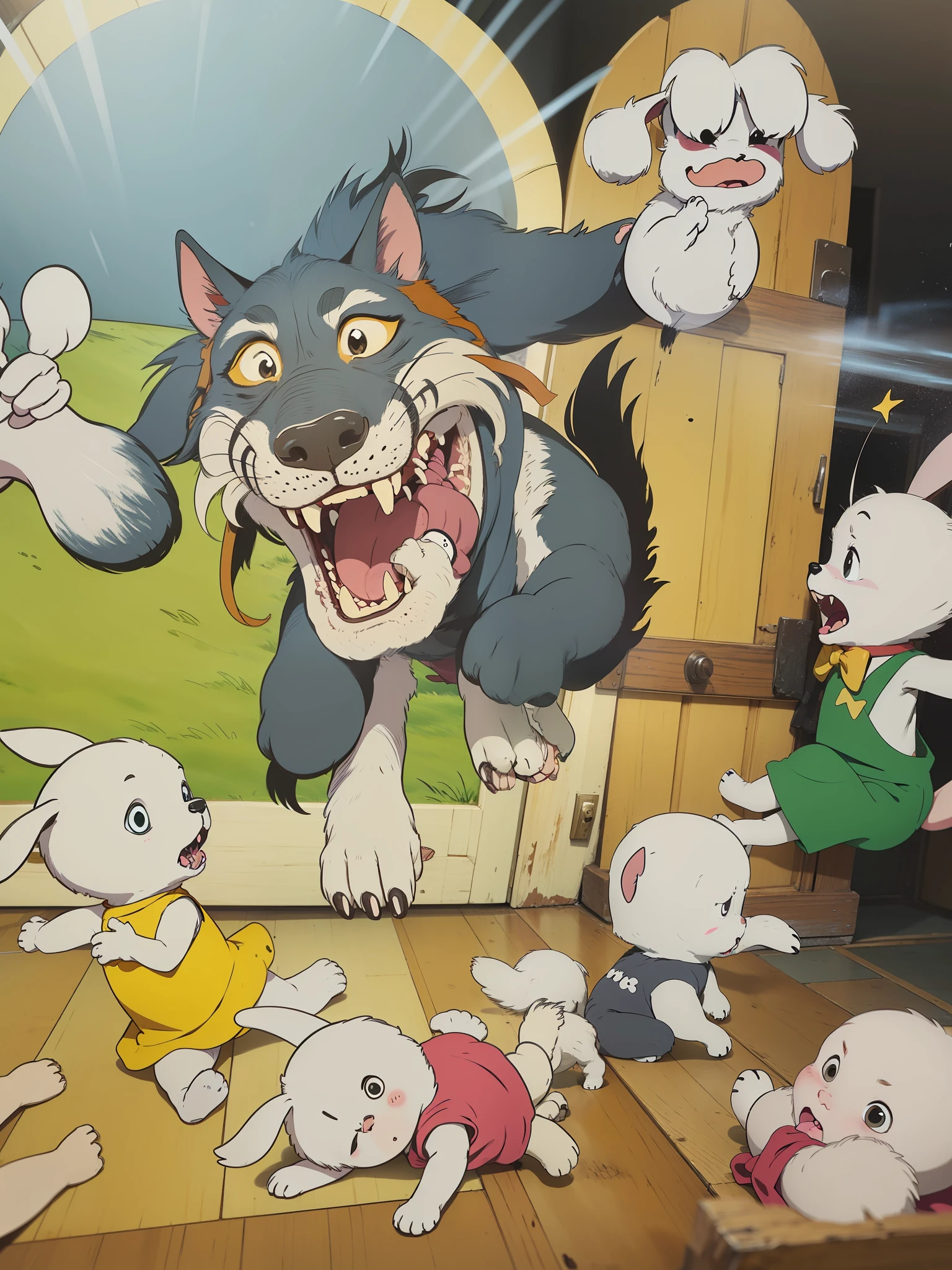 The big bad wolf rushed in from the doorway，Several baby goats fled in horror