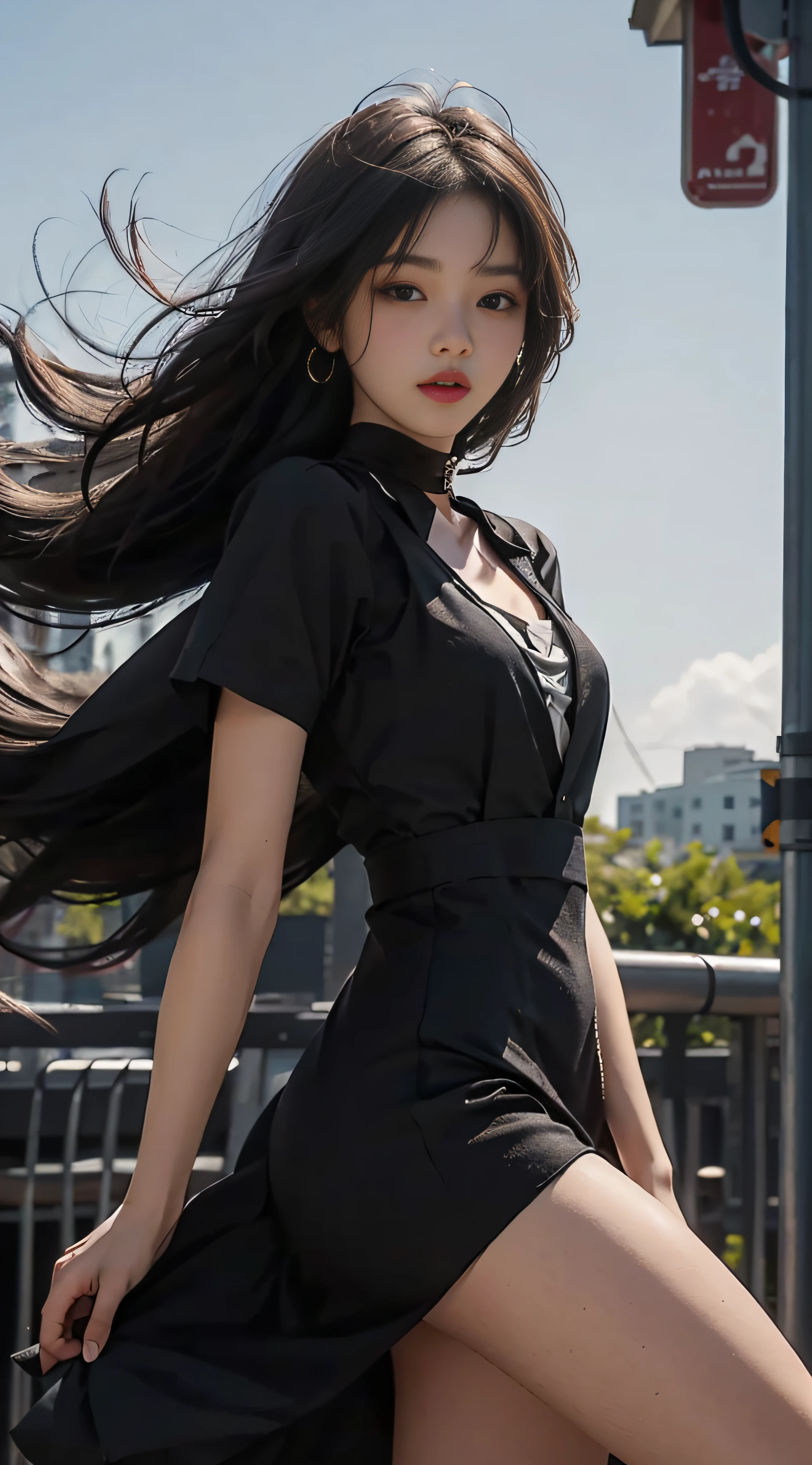 college student,Little black dress,Summer clothes,New,Wind fungus,Side collar,splicing,High waist,Long model,puled up dress,Korean version,lady,