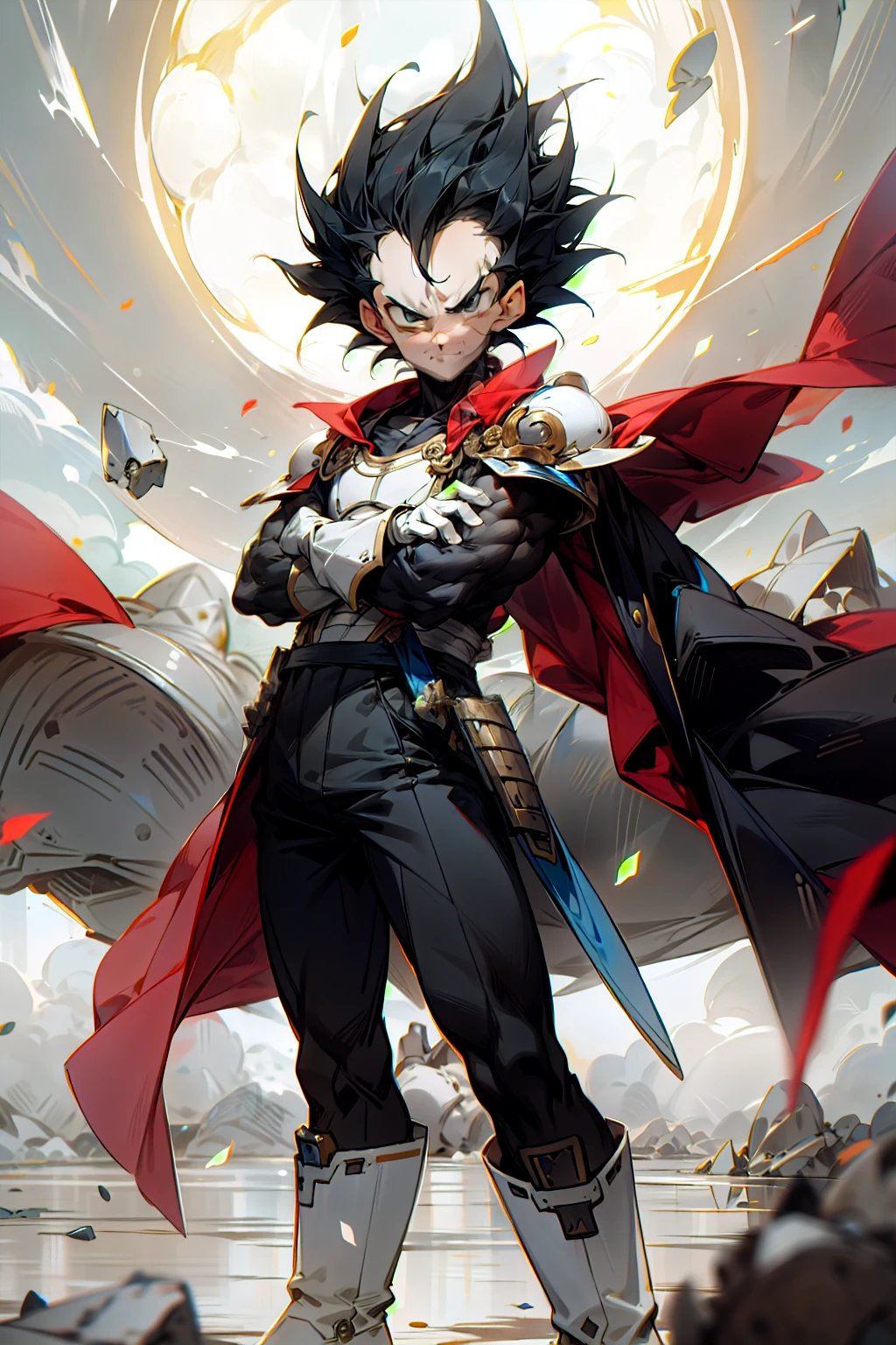 masterpiece, best quality, 1boy, vegeta, short hair, black hair, black eyes, top white armor, shoulder armor, red cape, white gloves, white boots, blue clothes, training, standing, smiling, angry face, looking to viewer, standing
,crossed arms, floating particles, aura power, boots, night, natural light,standing, angry eyes, black eyes, smiling, black hair, male focus, strong muscles, movie composition, deth of field, bokeh,