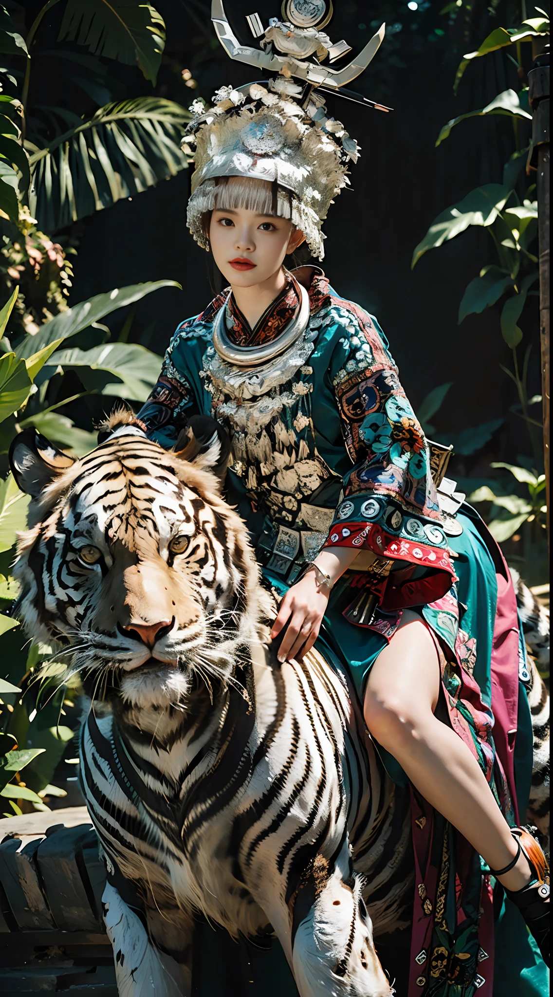 raw photo,ultra realistic,(masterpiece, 8k uhd, HDR, extremedetailed, intricate details, best quality, professional, vividcolors),
(1girl wearing costume and riding on a a white tiger inJungle),Reins,(Traditional headwear:1.2),
((Jungle scapel),looking at viewer,dutch angle,