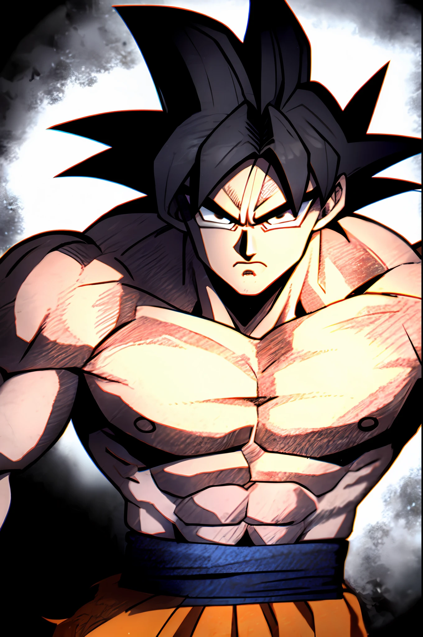 son goku, 1boy, closed mouth, male focus, muscular, muscular male, rock, sash, serious, solo, spiked hair, topless male, torn clothes, ultra instinct, black eyes, black hair, ((masterpiece))