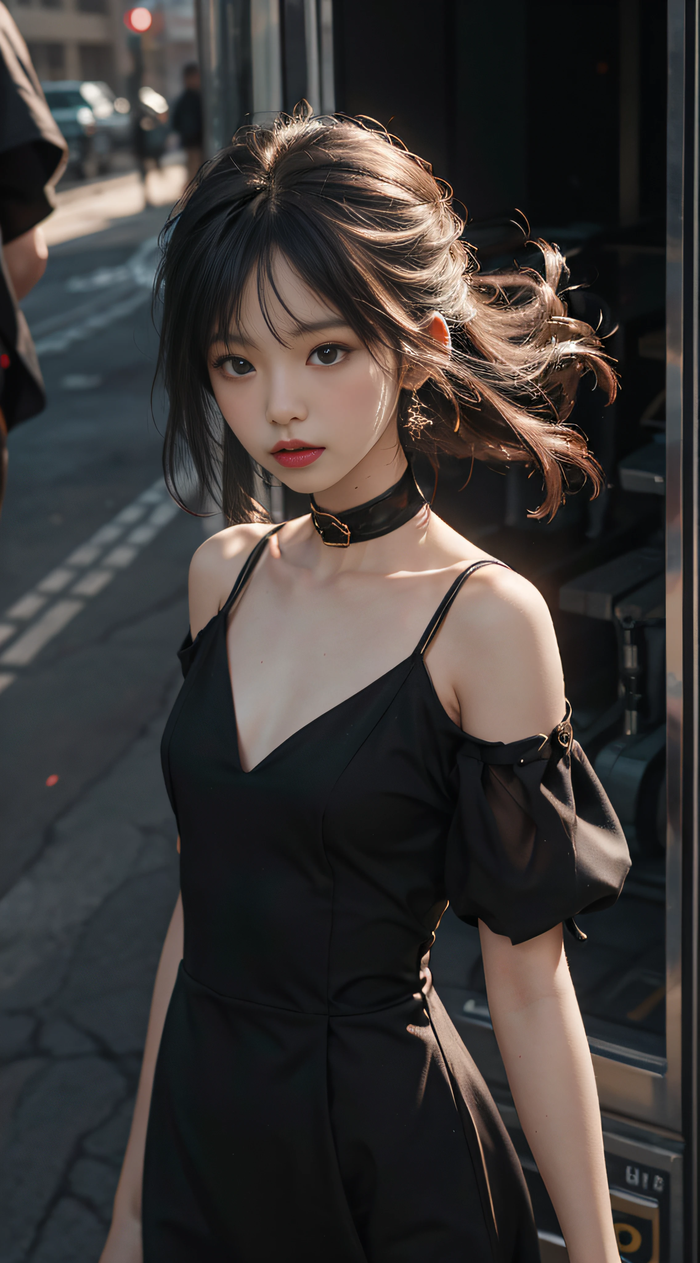 (From above:1.2),Sharp focus,Volumetric fog,upper-body,college student,Little black dress,Summer clothes,New,Wind fungus,Side collar,splicing,High waist,Long model,puled up dress,Korean version,lady,