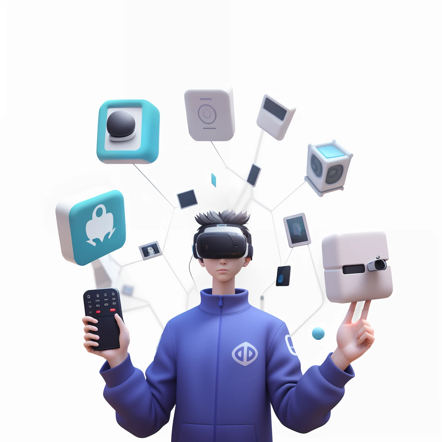 a close up of a person holding a remote and various app icons, 3 d icon for mobile game, 3d illustration, 3 d illustration, with lots of text and icons, brilliant daylight vr os ux, photograph of 3d ios room, 3 d ar vr art, icon for an ai app, virtual metaverse room, avatar for website, VR