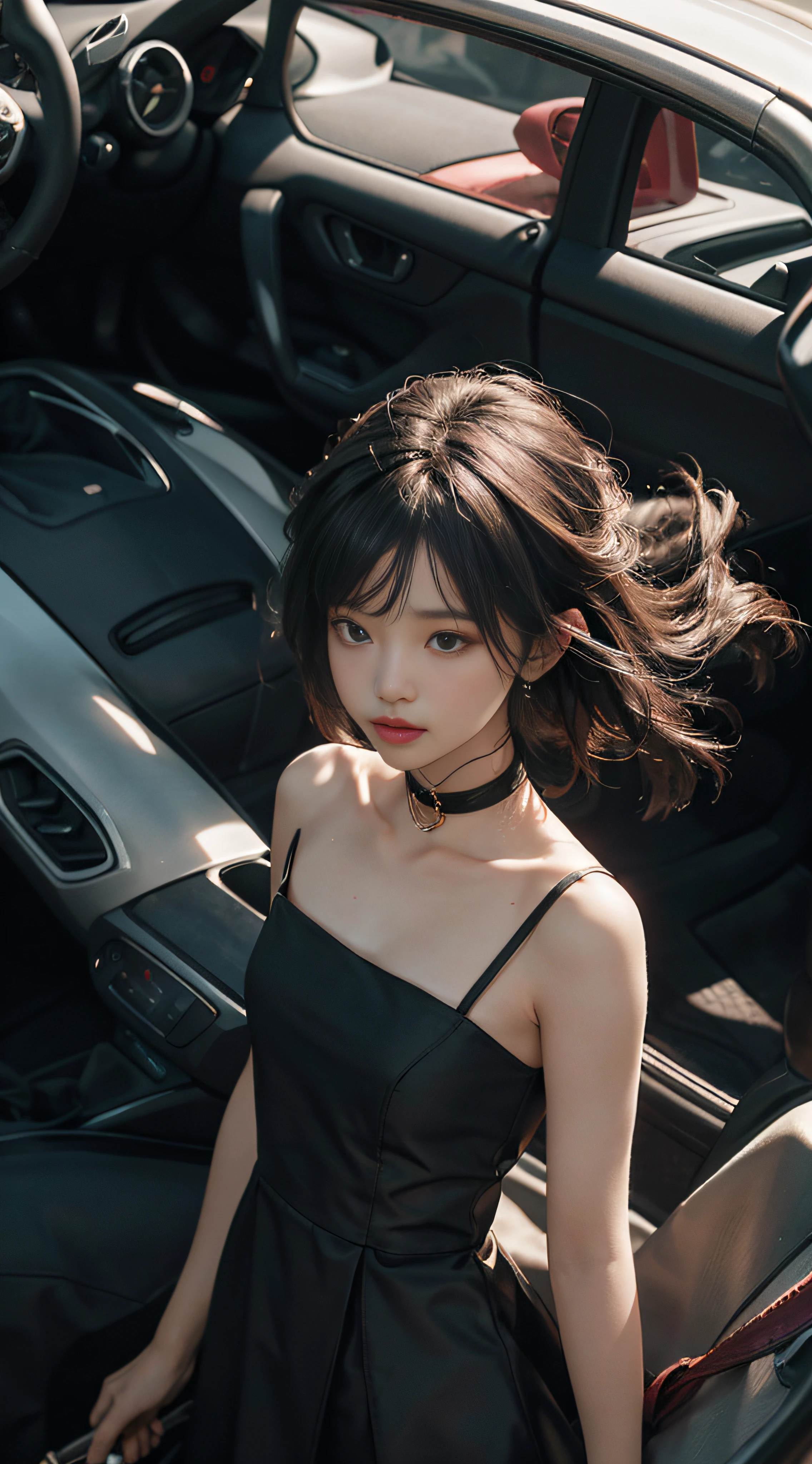 (From above:1.2),Sharp focus,Volumetric fog,upper-body,college student,Little black dress,Summer clothes,New,Wind fungus,Side collar,splicing,High waist,Long model,puled up dress,Korean version,lady,