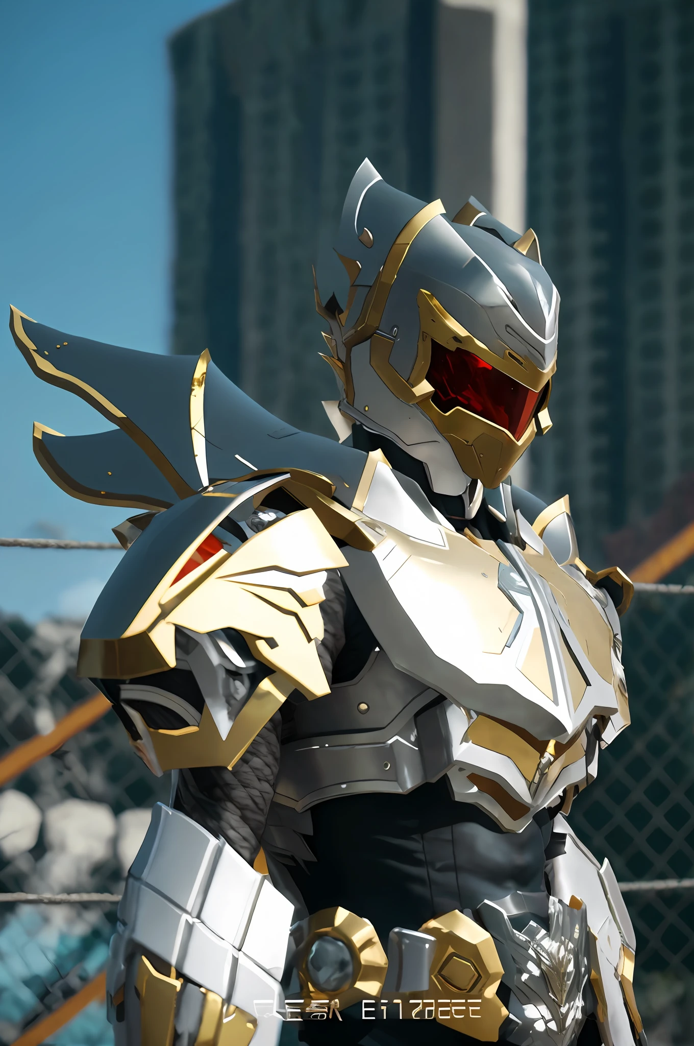araffe dressed in a silver and gold costume standing in front of a fence, unreal engine render saint seiya, silver and gold heavy armor, infinity blade armor, gold and silver armour suit, cyber japan style armor, covered in full metal armor, 《overwatch》Reinhardt, with sleek silver armor, shiny metal armor, dragon inspired armor, anime mech armor