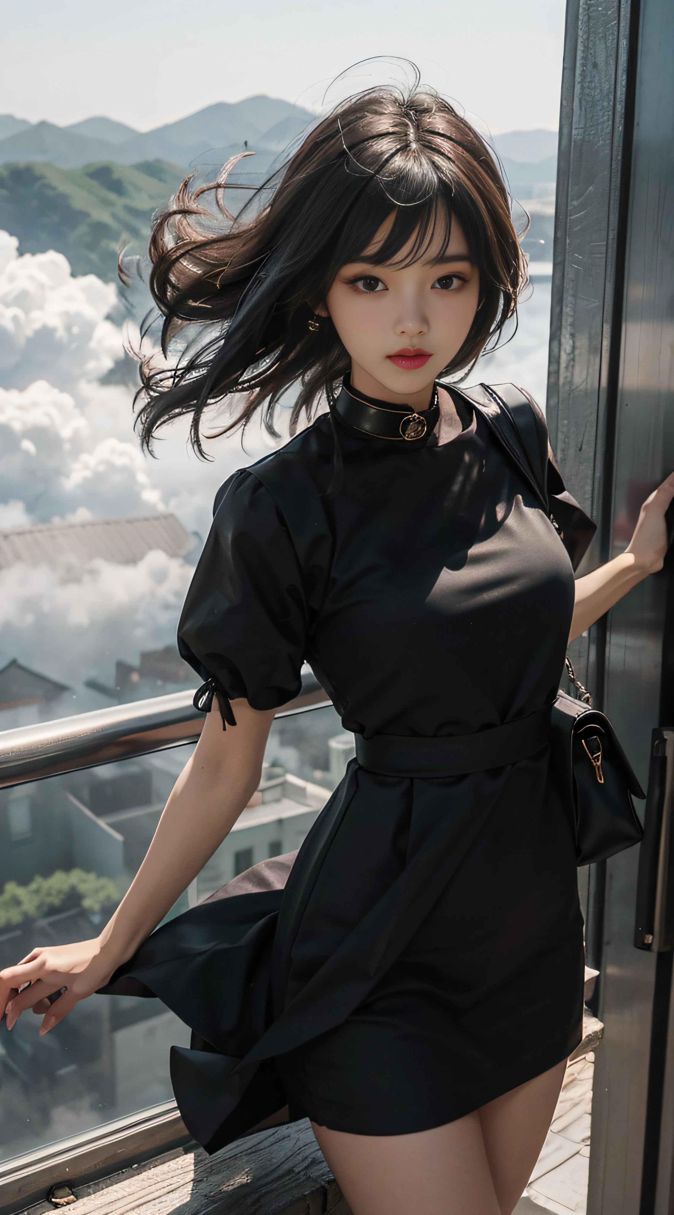 （From above：1.2），Sharp focus，Volumetric fog，upper-body，college student，Little black dress，Summer clothes，New，Wind fungus，Side collar，splicing，High waist，Long model，puled up dress，Korean version，lady，