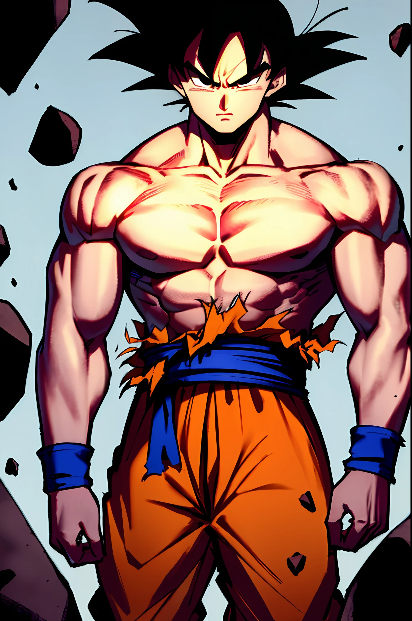 son goku, 1boy, closed mouth, male focus, muscular, muscular male, rock, sash, serious, solo, spiked hair, topless male, torn clothes, ultra instinct, black eyes, black hair, ((masterpiece))