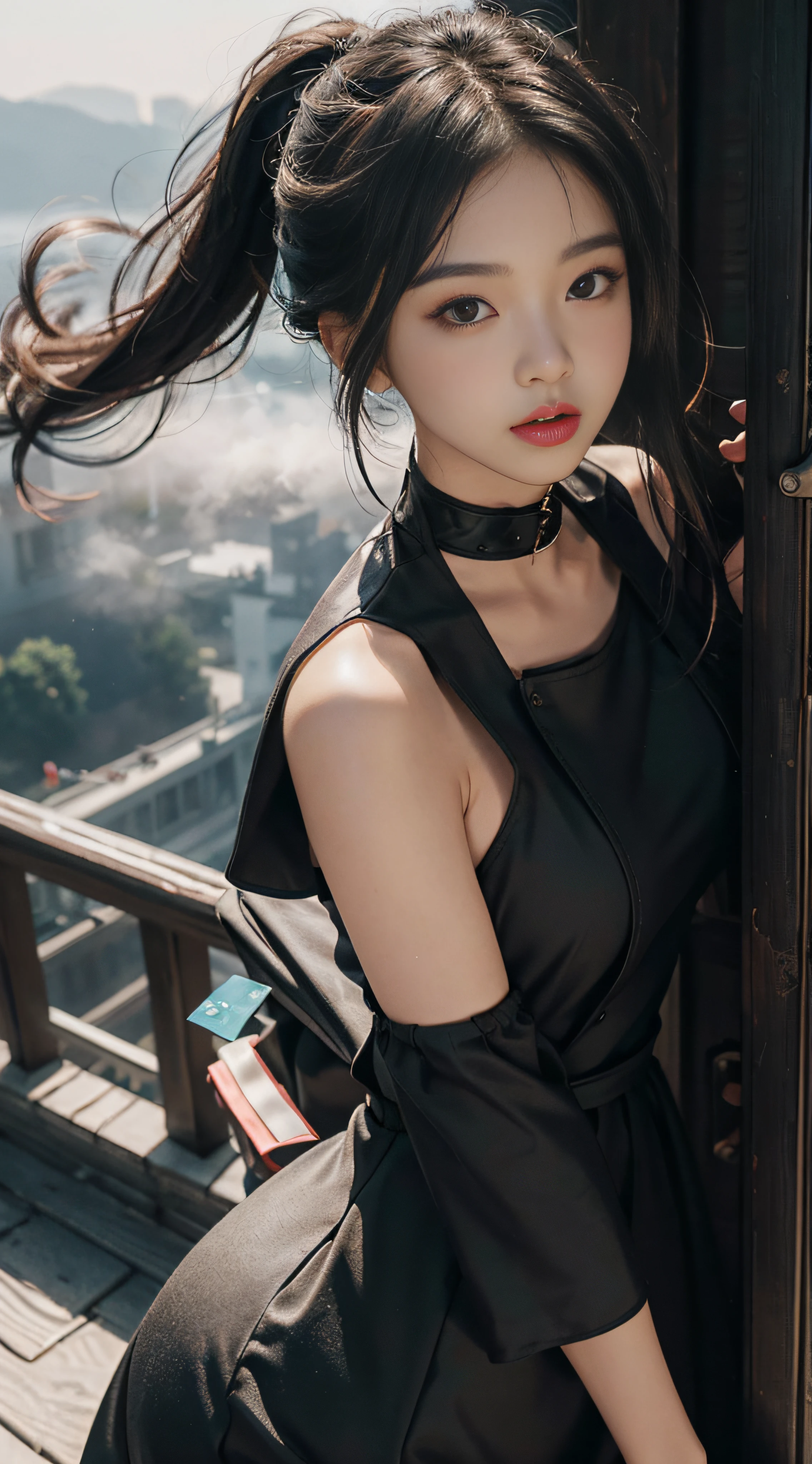 (From above:1.2),Sharp focus,Volumetric fog,upper-body,college student,Little black dress,Summer clothes,New,Wind fungus,Side collar,splicing,High waist,Long model,puled up dress,Korean version,lady,