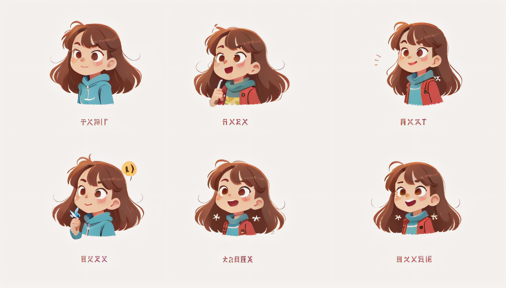 Close-up of cartoon characters in casual clothes,6 anime character stickers with different emoticons,face to looking at viewer,having fun,Grieving,funny,cheery,doubt,Sure,Determination,Sure,resolute,winking,eye closeds,Stick out your tongue,Red coat,Long black hair,half-body,Complete hand and five fingers,Complete hand and five fingers,Complete hand and five fingers,Mini cute long hair girl for women,High-quality character design,animation character,Half-length characters,Half-body character design,Professional character design,Game character design,Half-body solo character,2D illustration,2D illustration,Cute characters,Female protagonist👀:8,