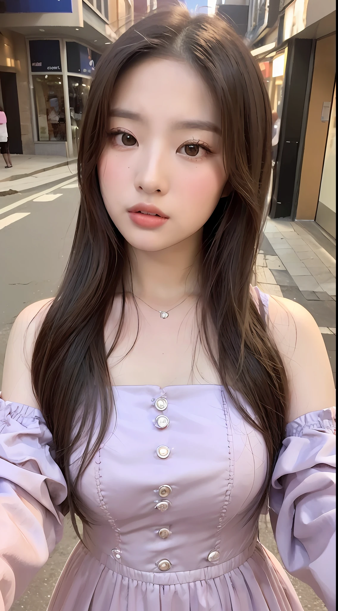 ((品质最佳, 8K, 巨作 :1.3)), Sharp focus :1.2, perfect figure beautiful woman:1.1, ((bobhair:1.2)), (Pink Lolita dress:1.1 ), (Streets:1.2), Highly detailed facial and skin texture, detailed eye, Double eyelid,