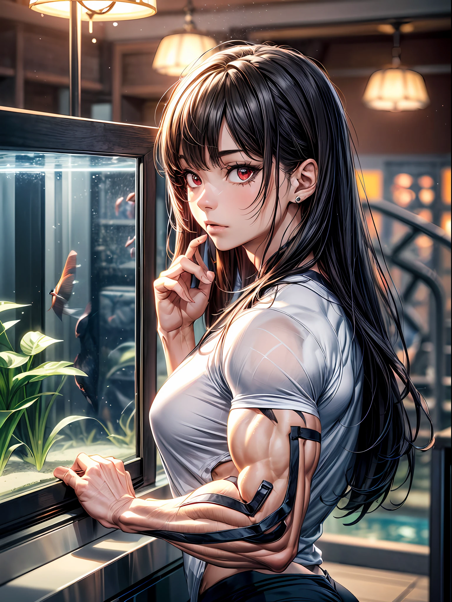 (best lighting) , (super-complex details) , 4K unified, (super-detailed CG: 1.2) , (8K: 1.2),(original), (masterpiece) , (best quality),(Masterpiece:1.4),Anime-ish high quality,(masterpiece),masterpiece, best quality, absurdres,((Masterpeace, 4k, 8k, highres)),(masterpiece), (best quality), (ultra-detailed), (an extremely delicate and beautiful), ((cowboy shot)), 1 woman, Yoru, beautiful face, detailed face, red eyes, scar on the cheek, long hair, black hair, school uniform, white shirt, black tie, dynamic pose, looking at viewer, on a aquarium, fish tank behind her, algae, marine life, blurred bottom, female focus, depth of field, full HD, high definition, high resolution



, ((body builder:1.5)),temple background,(beautiful bace),(girl),(female),(((upper body:1))),from front
