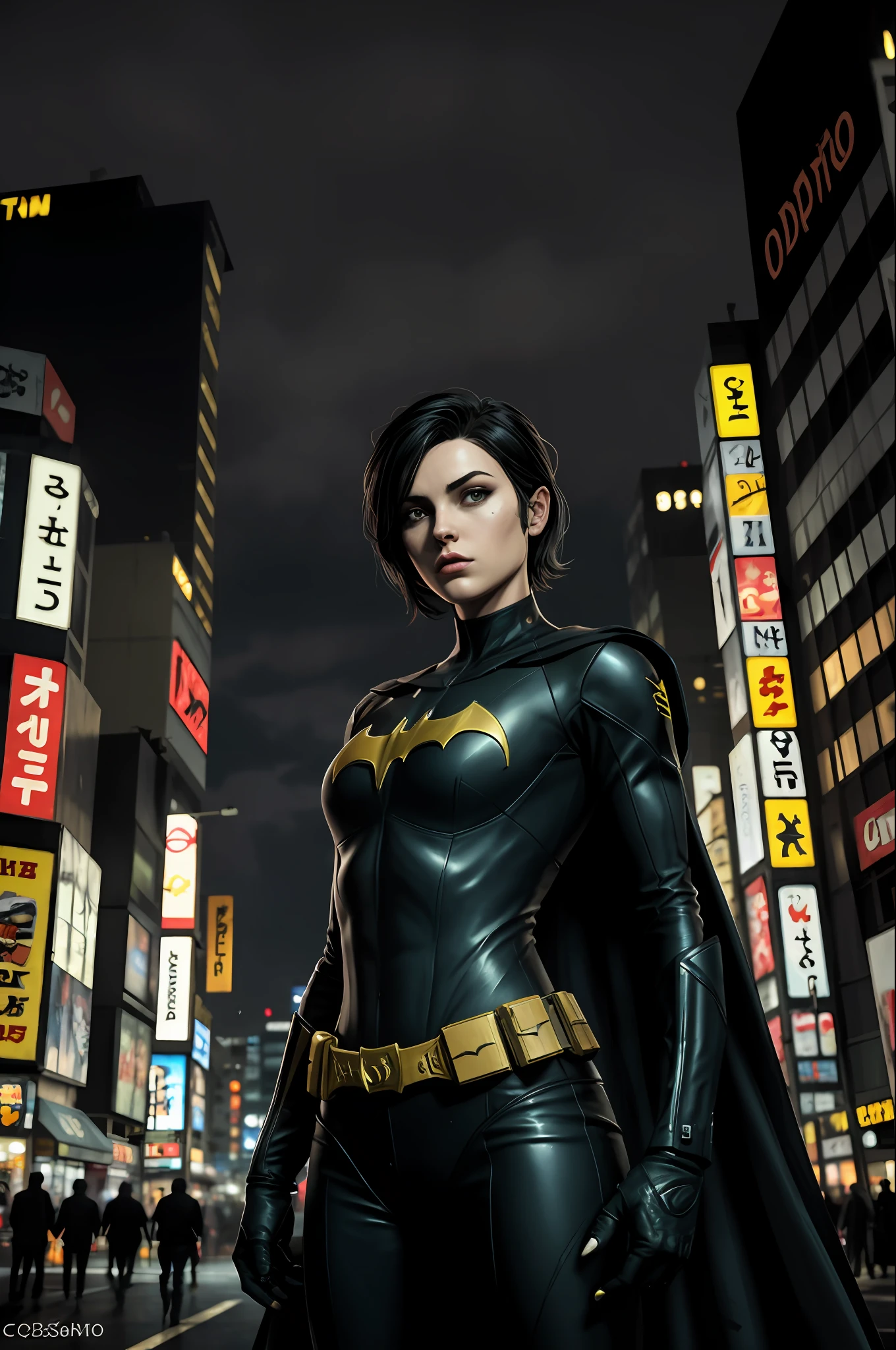 (obra-prima, melhor qualidade), 1girl, solo, cassandra cain, batgirl terno, cabelo preto, olhos castanhos,
akihabara, dos mortos, noite, de cima, Standing roof, neon sign, centro de jogos,