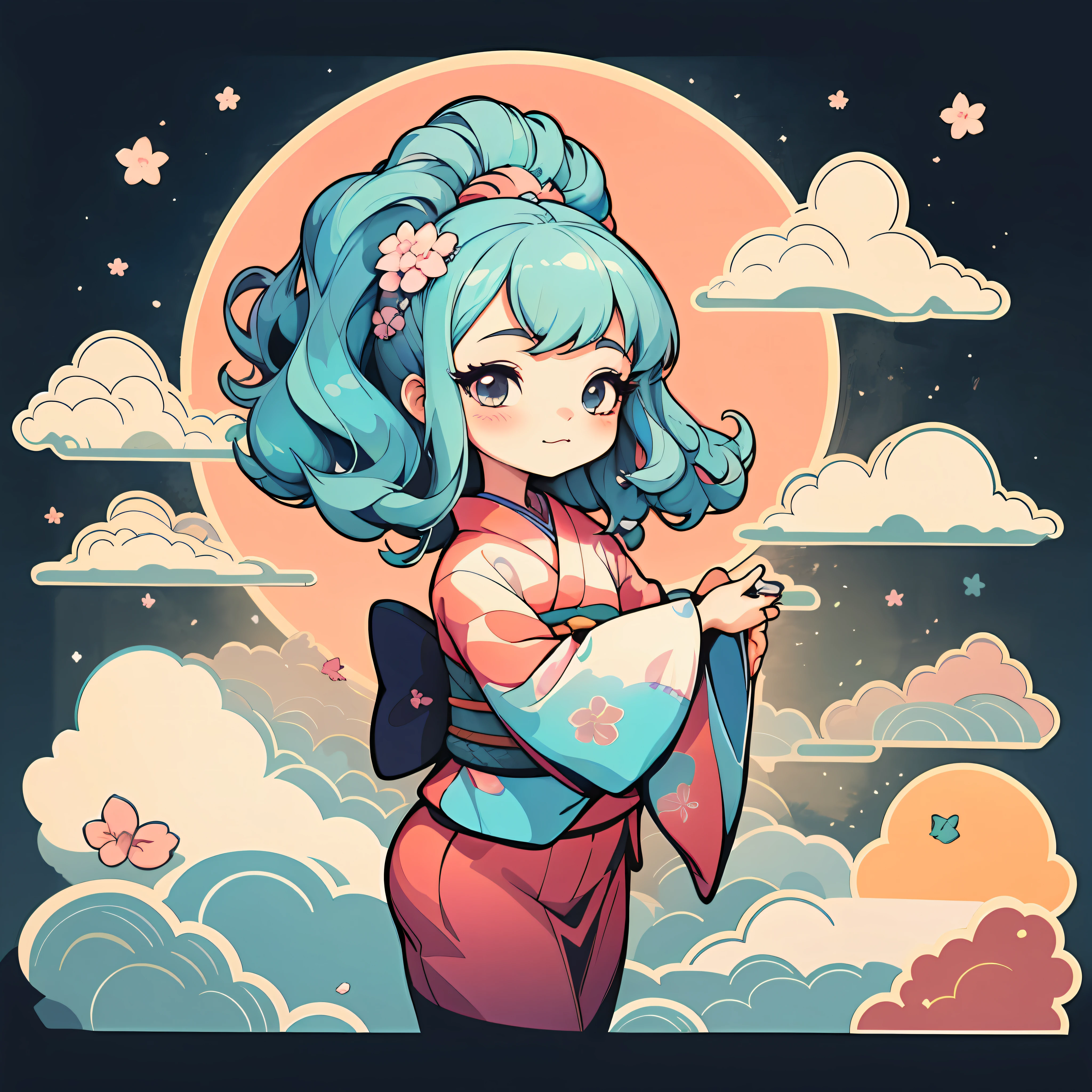 1 sticker, sticker, nikkaze, (cute girl), (gorgeous kimono), (gorgeous hair accessory), (Japanese traditional hairstyle), cherry blossoms, clouds, behind is a huge round moon, stars, white background, no background, simple background, minimal, cute, tiny, pastel color, vector style, no gradient