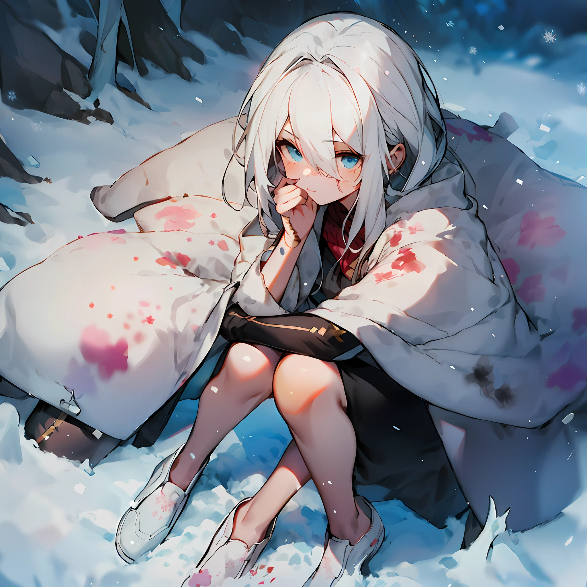 gal girl,White snow,White hair,Blue eyes,Sit in the snow,Ice crystals are scattered around