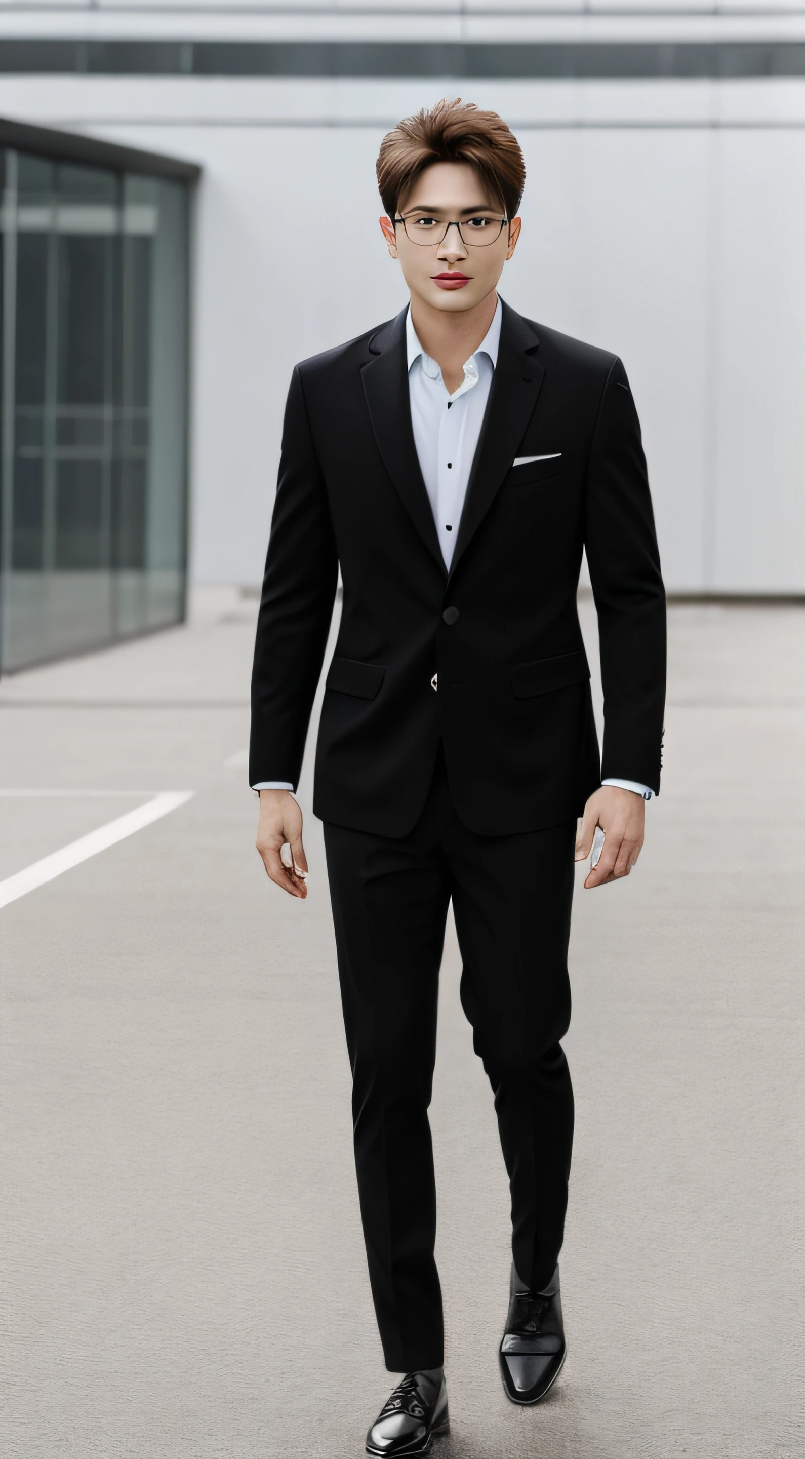 (masterpiece, ultra quality, high resolution, 8k, intricate: 1.2), (detailed face:1.2), (wearing black suit:1.5), handsome, detailed skin, pores, absurdres, hunk, 1boy, male focus, ((realistic)), good lighting quality, muscle veins, ((pale skin)), flexing, balanced eyes, brown eyes,((( full body))), lecturer, Malaysian , 45 years old, Buzz cut hair style, with glasses