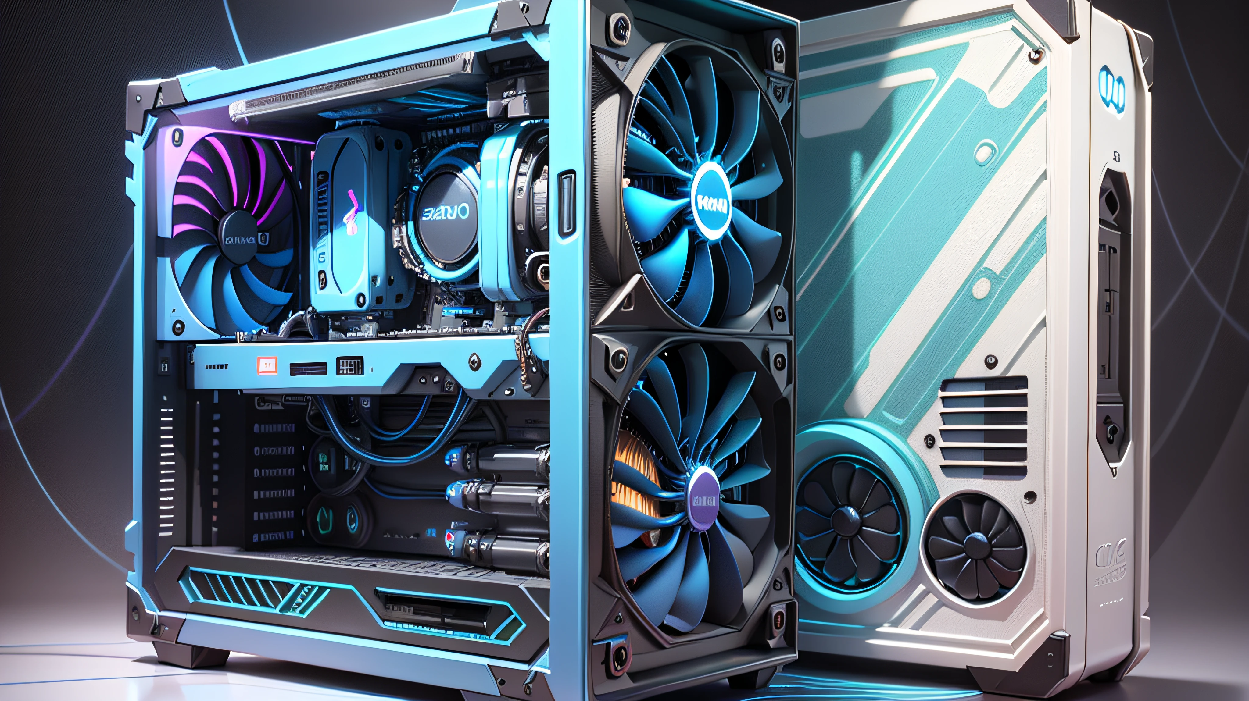 Setup Gamer, Futuristic gaming PC with intricate and well-defined details, 8K, futuristic and comfortable gaming chair