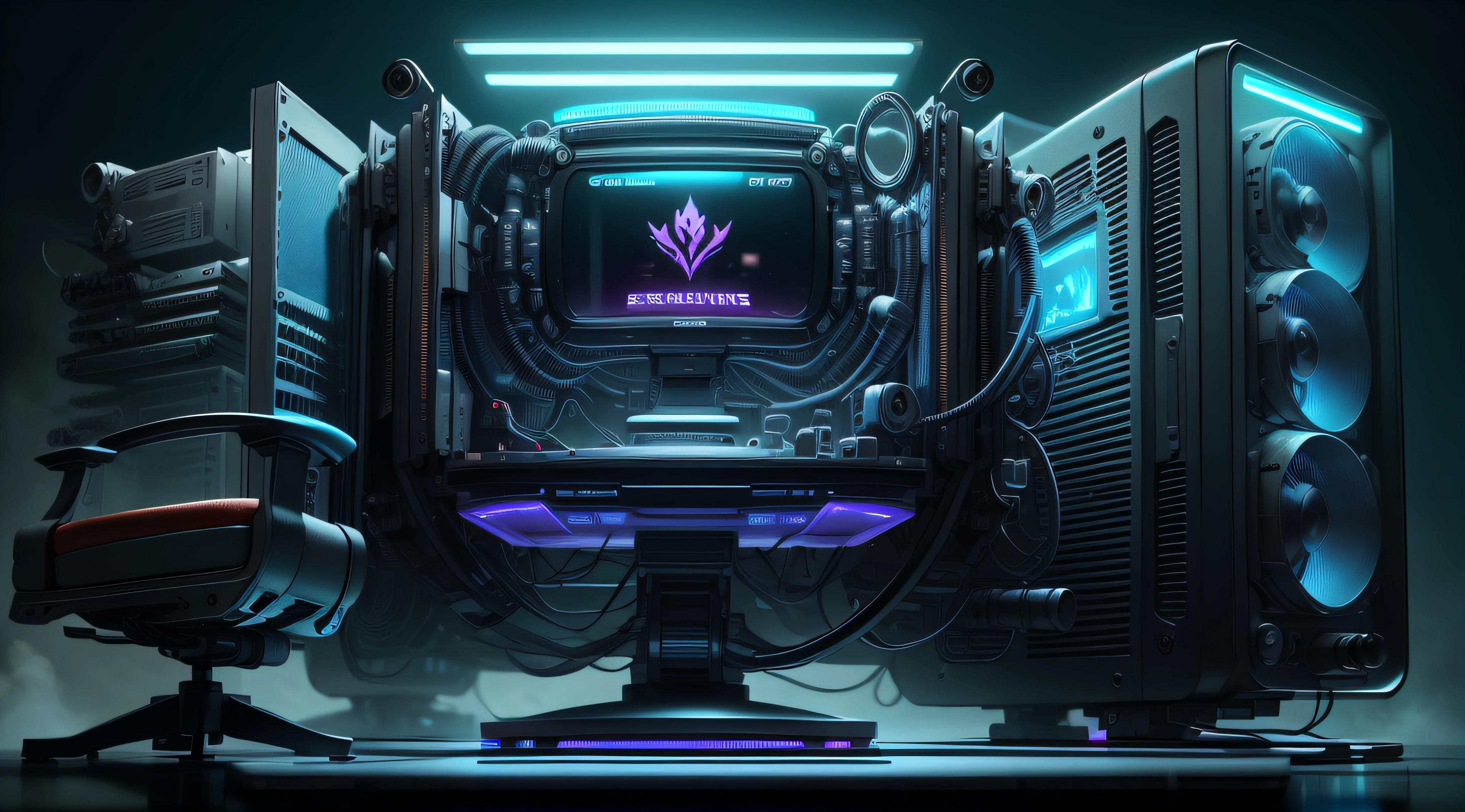 Setup Gamer, Futuristic gaming PC with intricate and well-defined details, 8K, futuristic and comfortable gaming chair