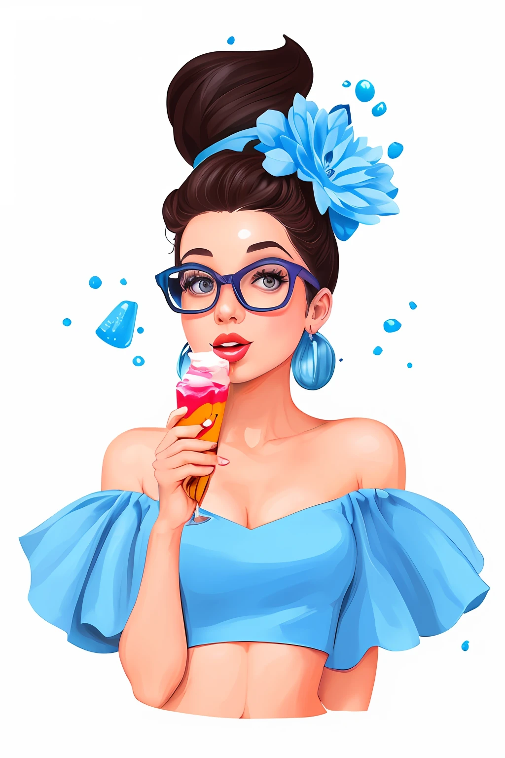 dos desenhos animados com copos comendo casquinha de sorvete, cartoon style illustration, in style of digital illustration, mulher bonito, comer sorvete, hd illustration, estilo de arte vetorial, estilo de arte dos desenhos animados, comer sorvete - creme, fabulous illustrations, soda themed girl, pin-up poster girl, arte dos desenhos animados, pintura realista da meninao, full color illustration, menina bonittoon illustration