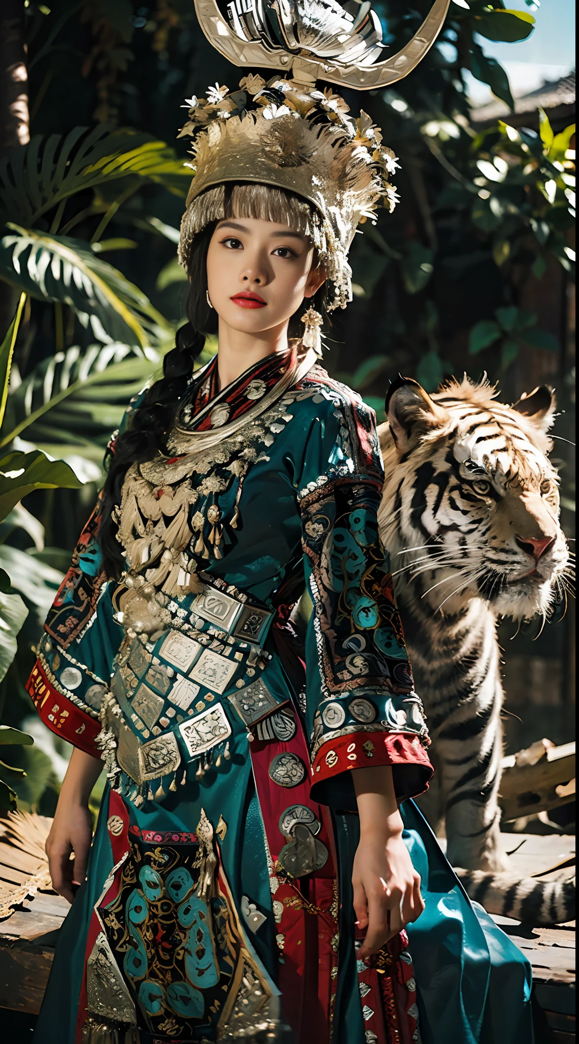 raw photo,ultra realistic,(masterpiece, 8k uhd, HDR, extremedetailed, intricate details, best quality, professional, vividcolors),
(1girl wearing costume and riding on a a white tiger inJungle),Reins,(Traditional headwear:1.2),
((Jungle scapel),looking at viewer,dutch angle,
