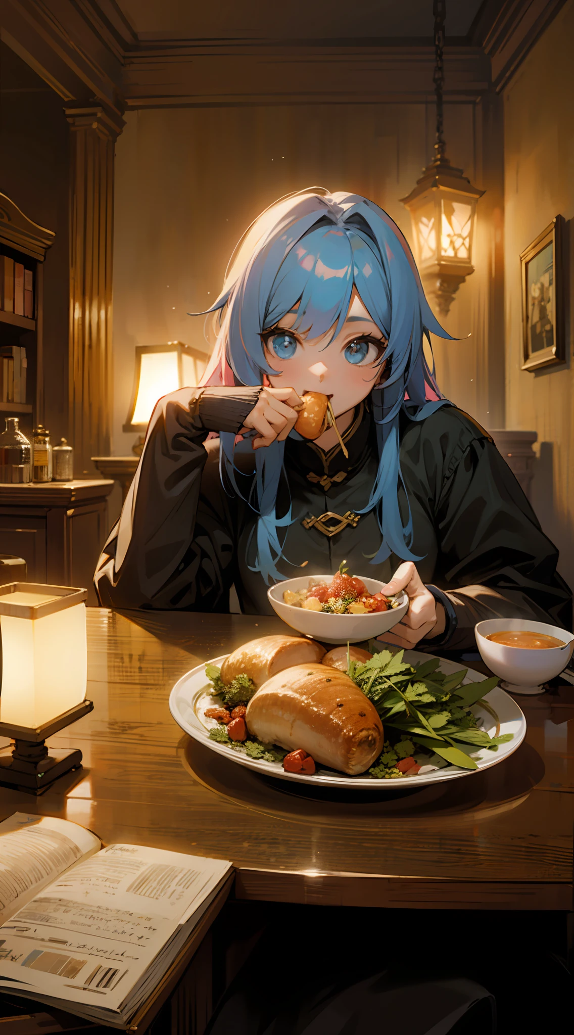 Eating at the table、brightly lit room、