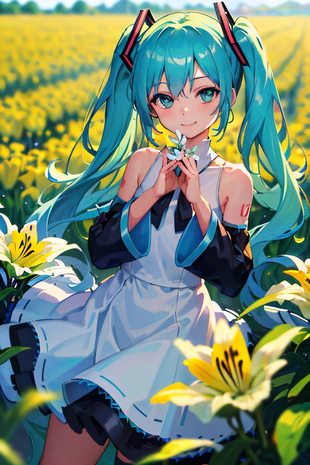 (masterpiece, best quality, highres:1.4), 1girl, ((unity 8k wallpaper, illustration, lily_\(flower\), beautiful and delicate detailed girl)), hatsune miku, twintails, green eyes, small breasts, flower field, flower, red flower, plant, flower field, smile,